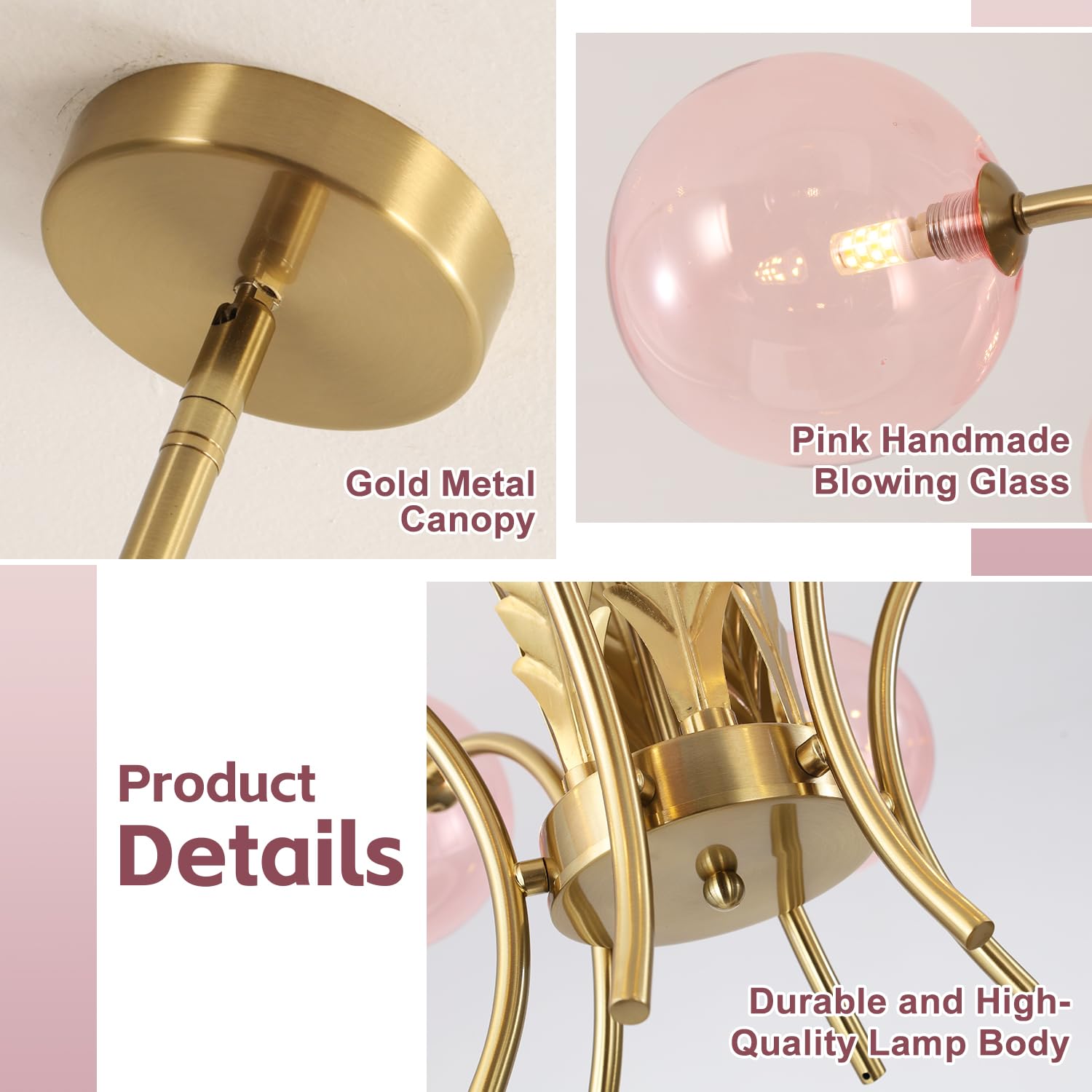 BOKT Modern Sputnik Chandelier 6-Light Pendant Fixture Pink Globe Lampshade BP1128-P for Dining Room, Living Room, Girls Room