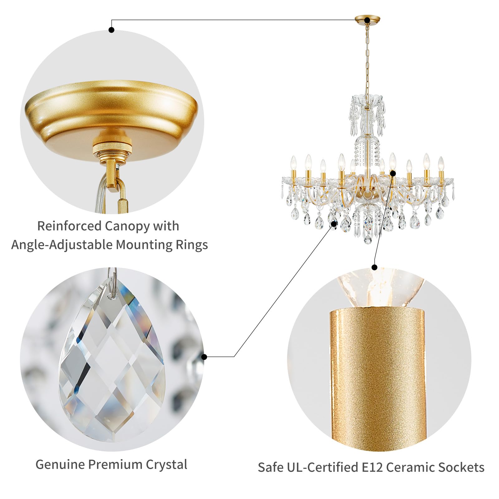 Wuzups 10-Light Crystal Candle Chandelier Pendant Ceiling Light Modern Lighting Fixture For Bedroom Hallway Bar Kitchen Bathroom  H 26.7 W 33.9  E12 Base  Gold