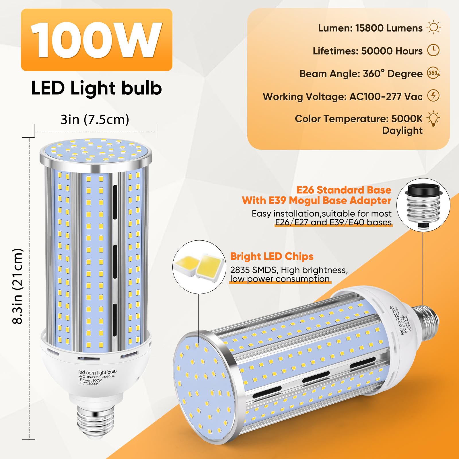 XYCN 100W Corn LED Light Bulb 4-Pack, 5000K Daylight, E26/E39 Base, 15,800LM, Fanless, Aluminum