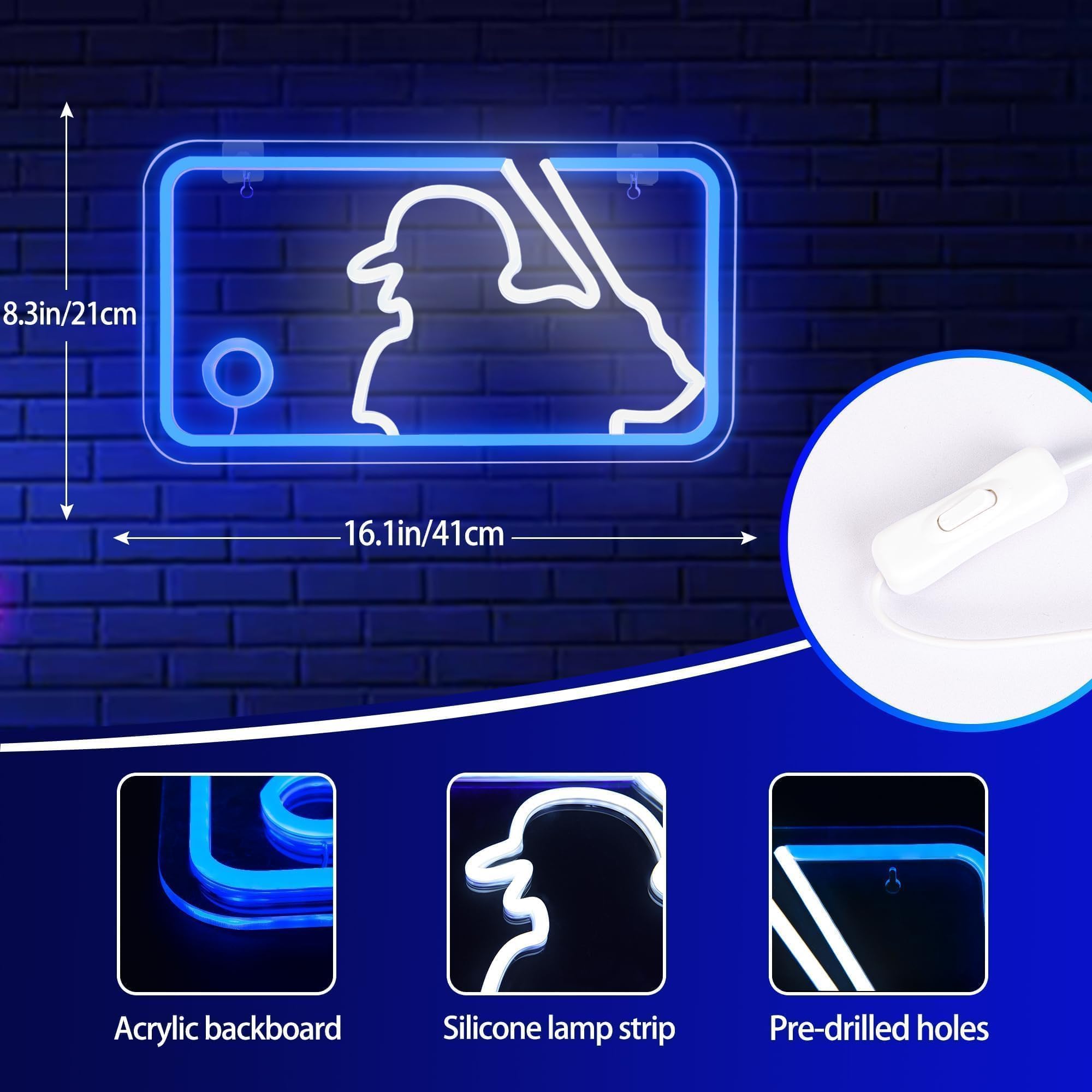 attneon Baseball Neon Sign LED Wall Decor, 16.1x8.9 inch, Acrylic, Blue