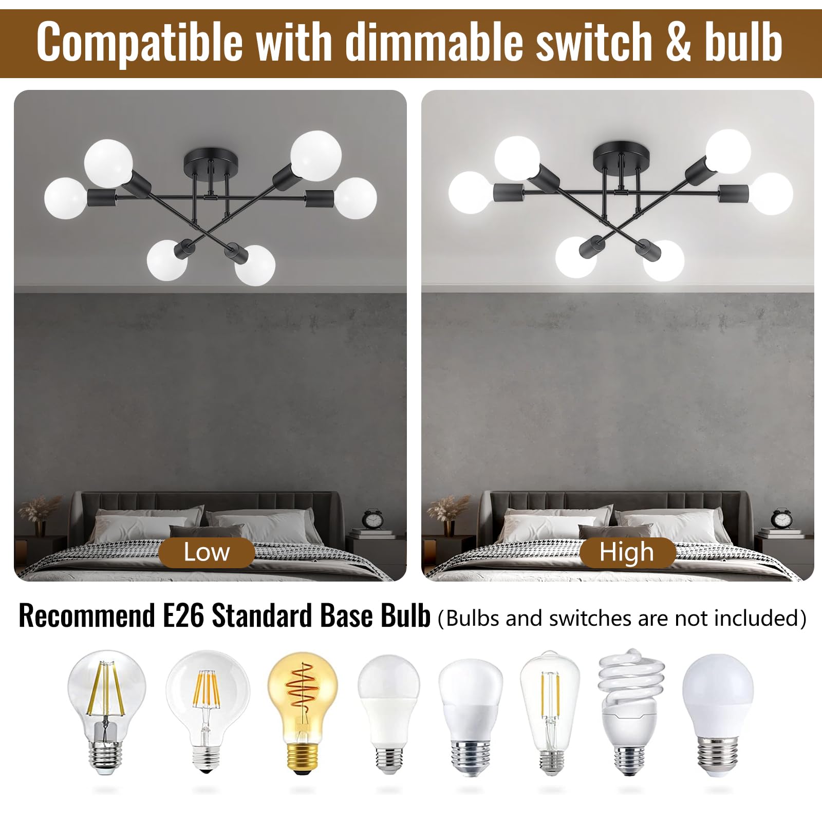 Maichixin 6-Light Ceiling Light Chandelier, Modern Metal Fixture, Black, Semi Flush Mount