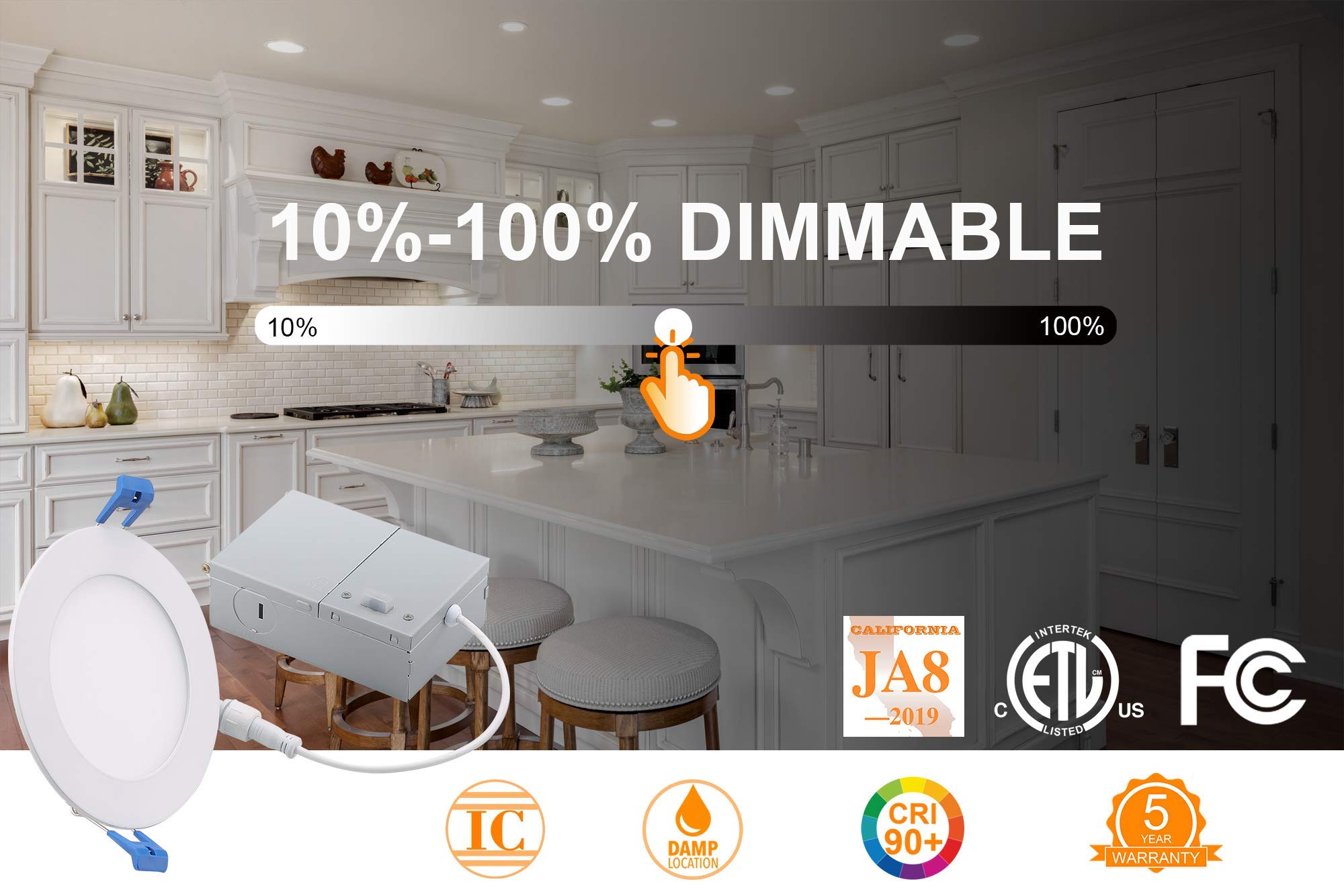 Cloudy Bay 4 Inch 3000K/4000K/5000K Three Color Temperature Selectable, Dimmable 10W Cri 90+, Ic Rated, Etl/Ja8, Ultra Thin Recessed Downlight With Junction Box, White Finish, 12 Pack