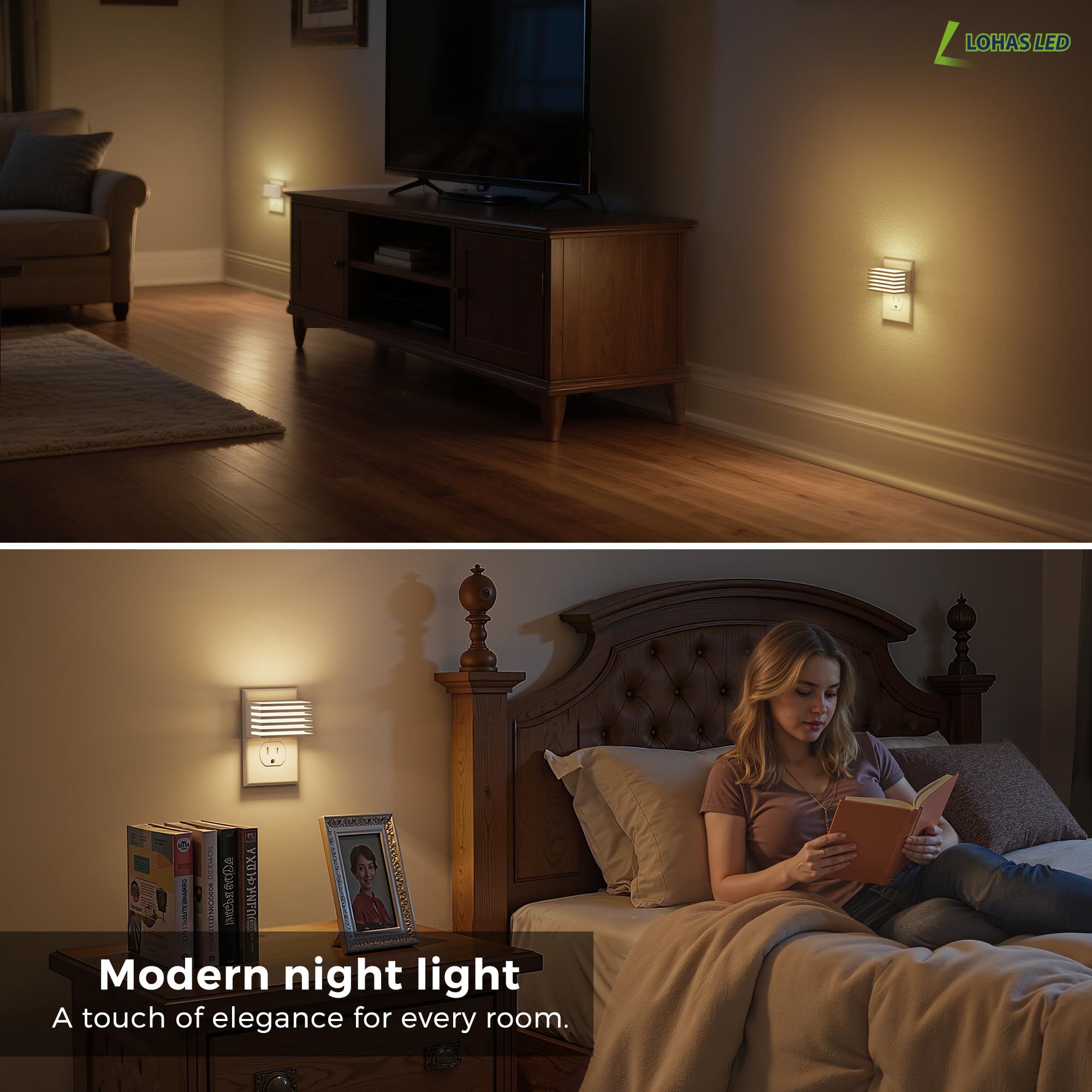 L LOHAS LED Night Lights, Dimmable with Dusk to Dawn Sensor, 3000K Soft White, 2 Pack, Modern Plug-in for Bedroom Bathroom Hallway