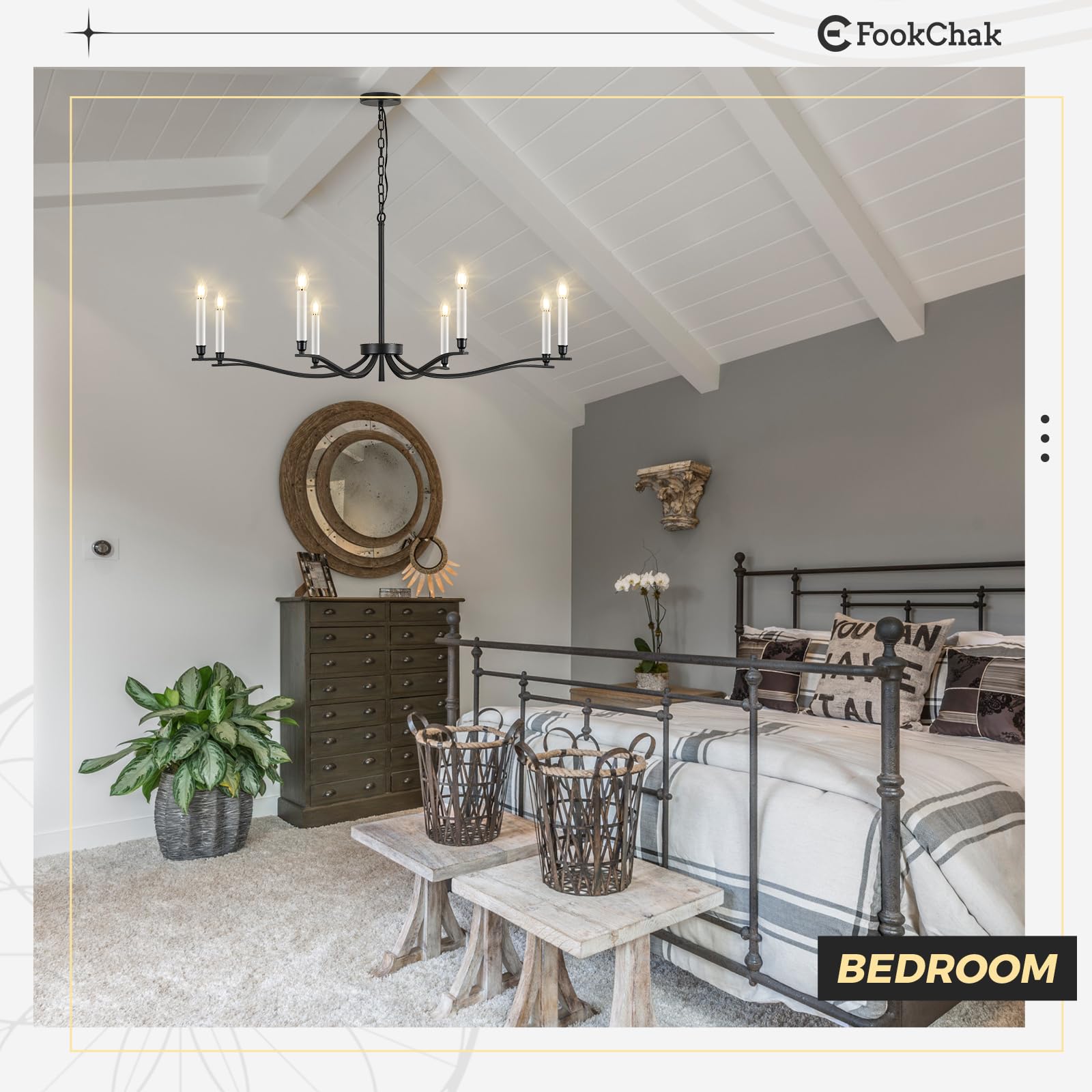 FookChak 8-Light Black Metal Chandelier, Modern Dining Room Fixture, 44in for Living Room, Entry, and Kitchen
