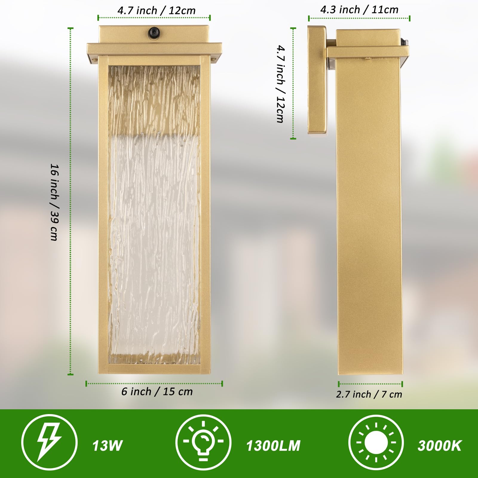 Venzblomia 16" Dusk To Dawn Led Outdoor Light 2 Packs, Gold Outside Porch Lights Wall Mount, Large Exterior Lighting Fixtures With Rippled Glass, Waterproof Modern Wall Lantern For House, Patio