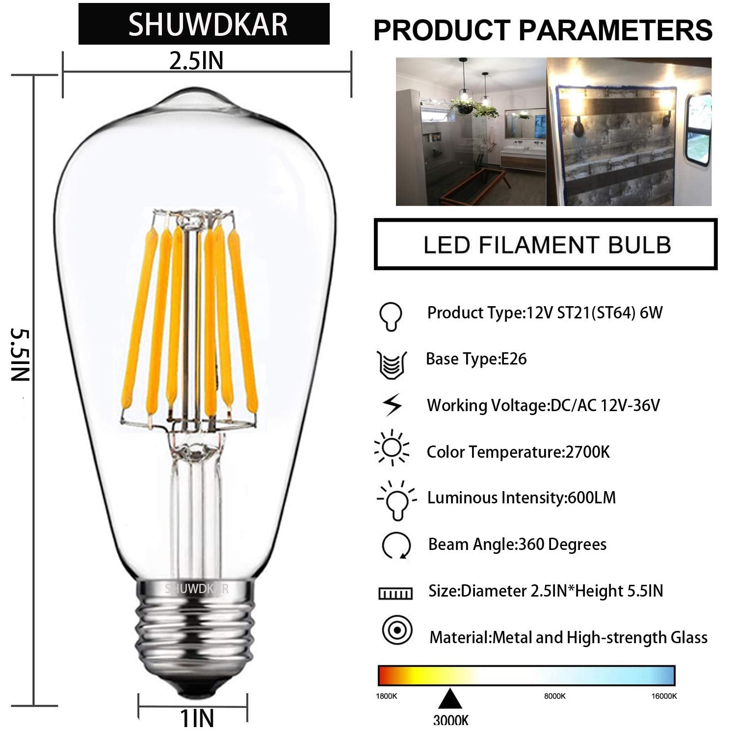 Shuwdkar Led Light Bulbs Dc 12V 6W E26 St64 Low Voltage Bulb Rv Camper Warm White 2700K Vintage Clear Glass Filament Edison Bulb