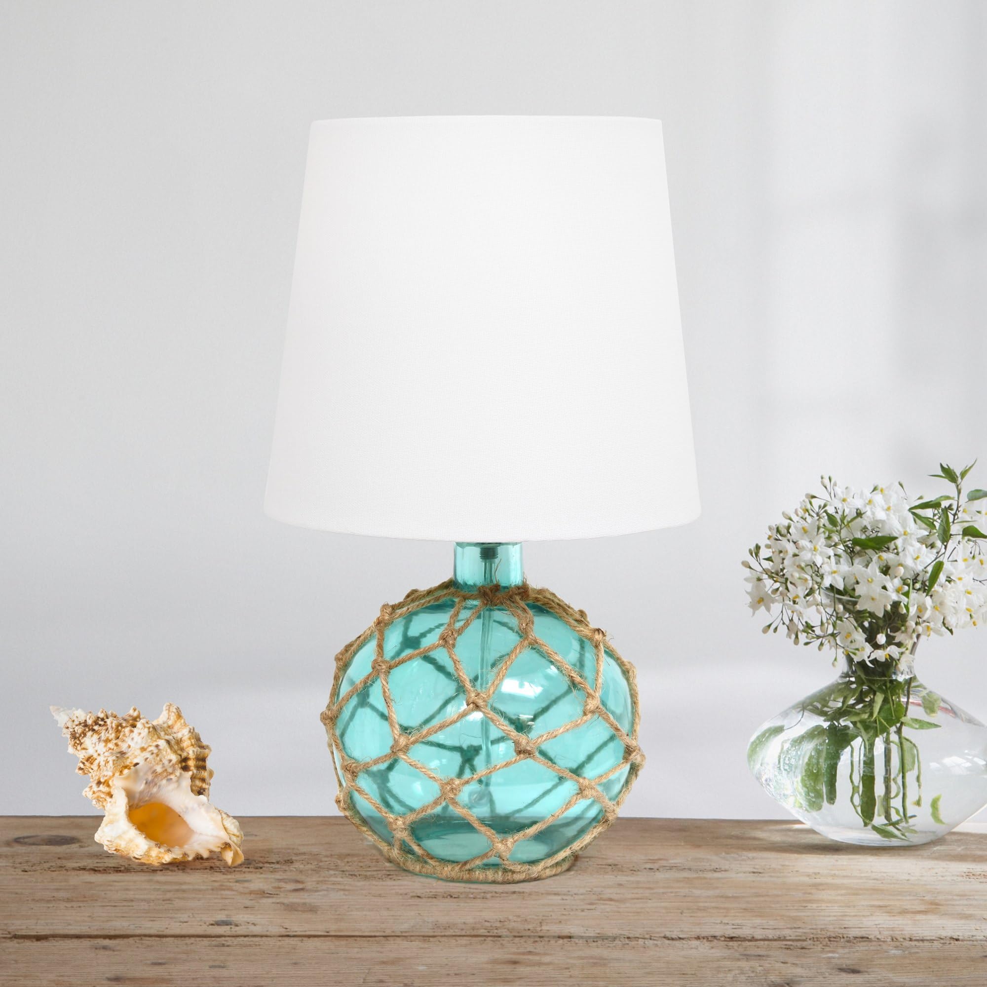 Elegant Designs Lt1050-Aqu Buoy Rope Nautical Netted Coastal Ocean Sea Glass Table Lamp With White Fabric Shade, Aqua
