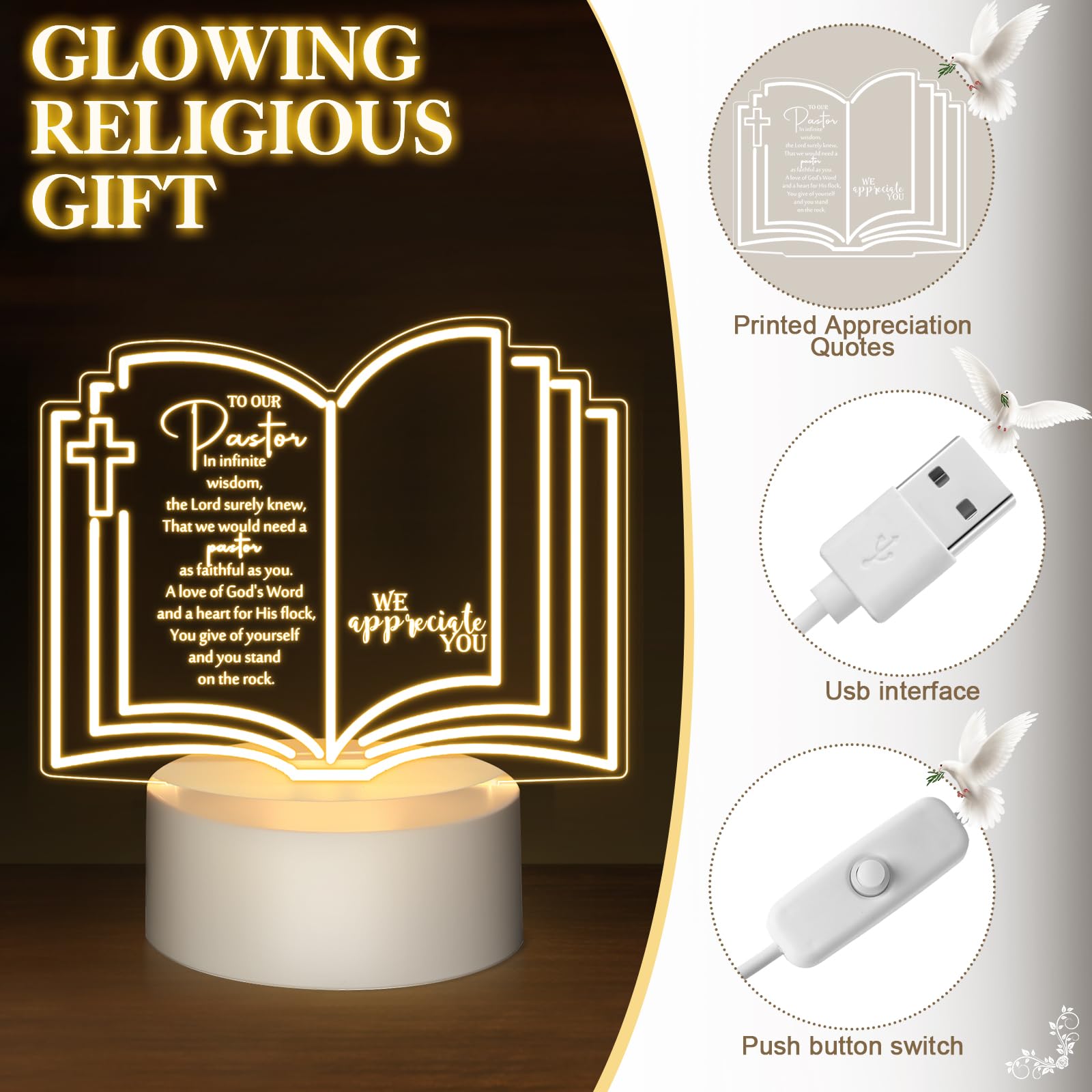 Kosiz Acrylic LED Night Light for Clergy Appreciation, 5.9x5.1 inches, White