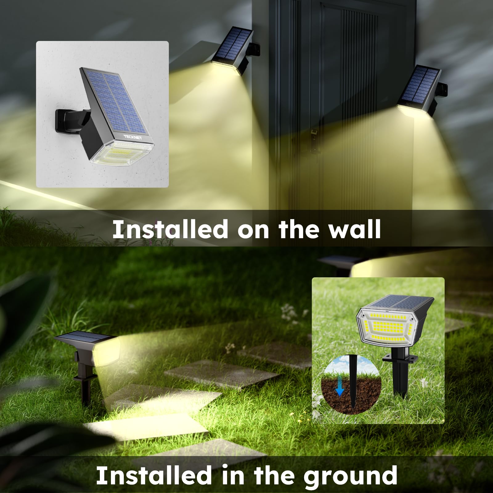TECKNET Solar Spot Lights, 8 Pack, 59 LED, Waterproof IP65, Auto On/Off, 3 Lighting Modes, Warm White, Model TK-SL005