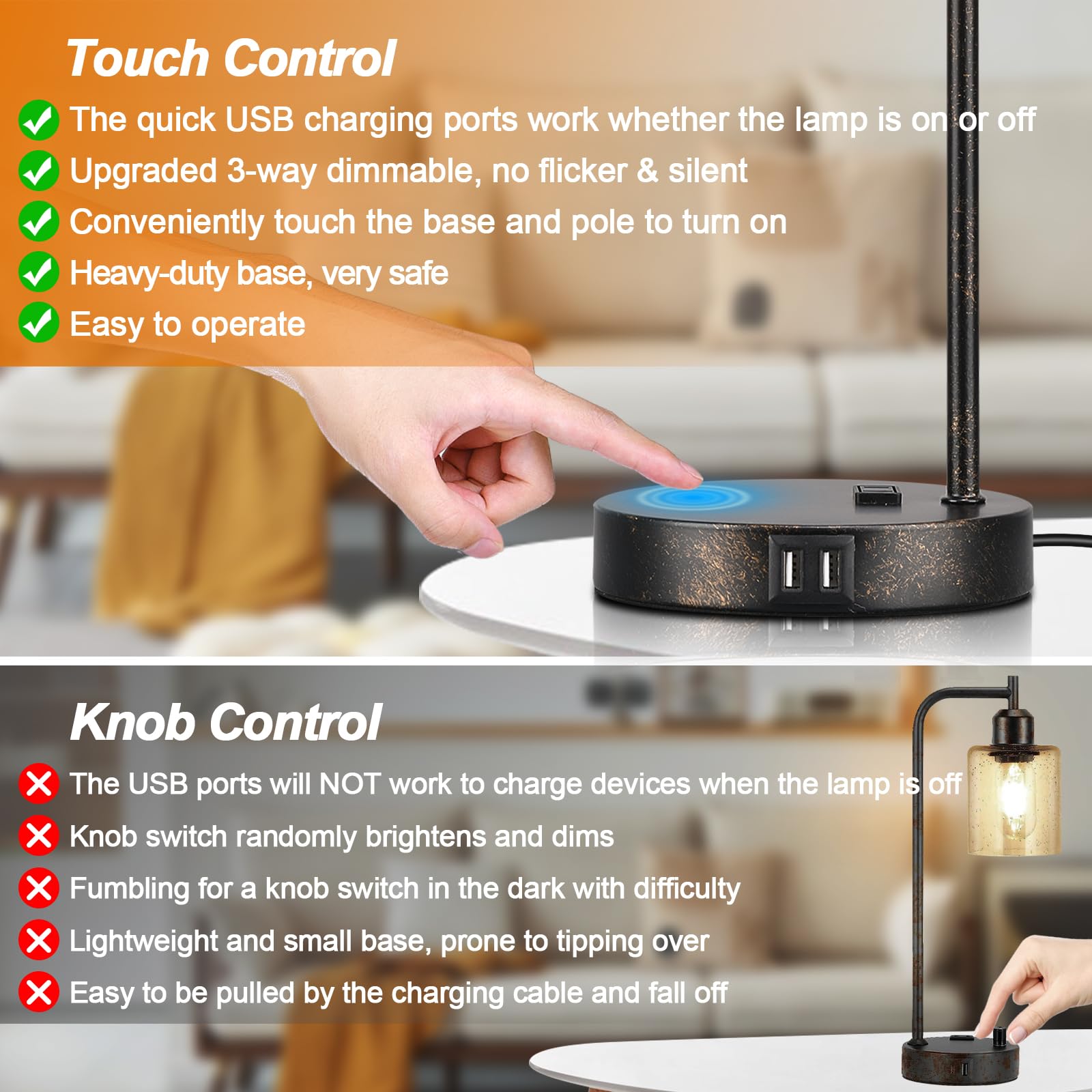 Industrial Touch Table Lamps Set Of 2 - Rustic Black Bedside Lamps With 2 Usb Ports & Ac Outlet, 3-Way Dimmable Nightstand Desk