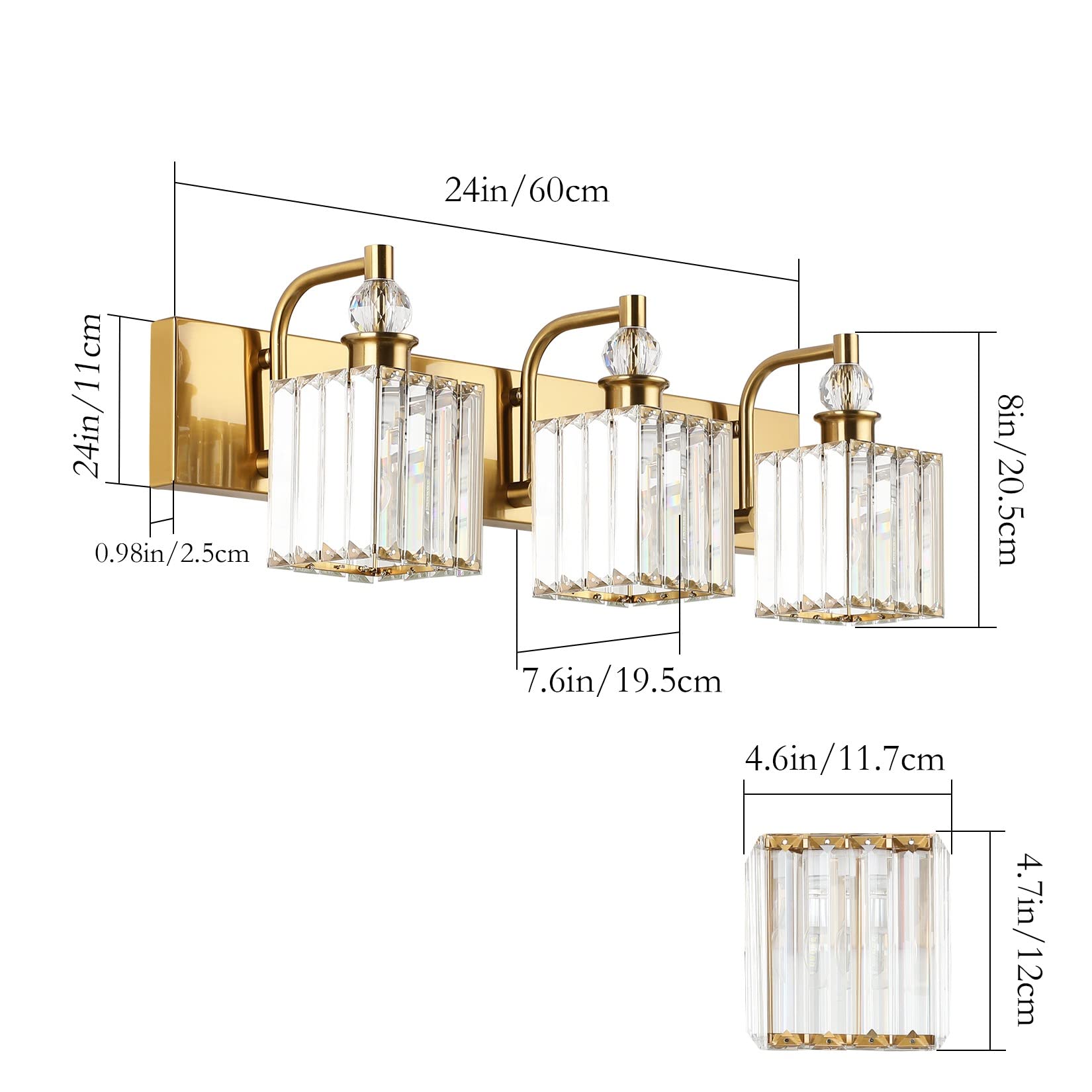 Ralbay 3-Light Gold Crystal Bathroom Vanity Lights, 24 Modern Metal Fixture, Model 8606