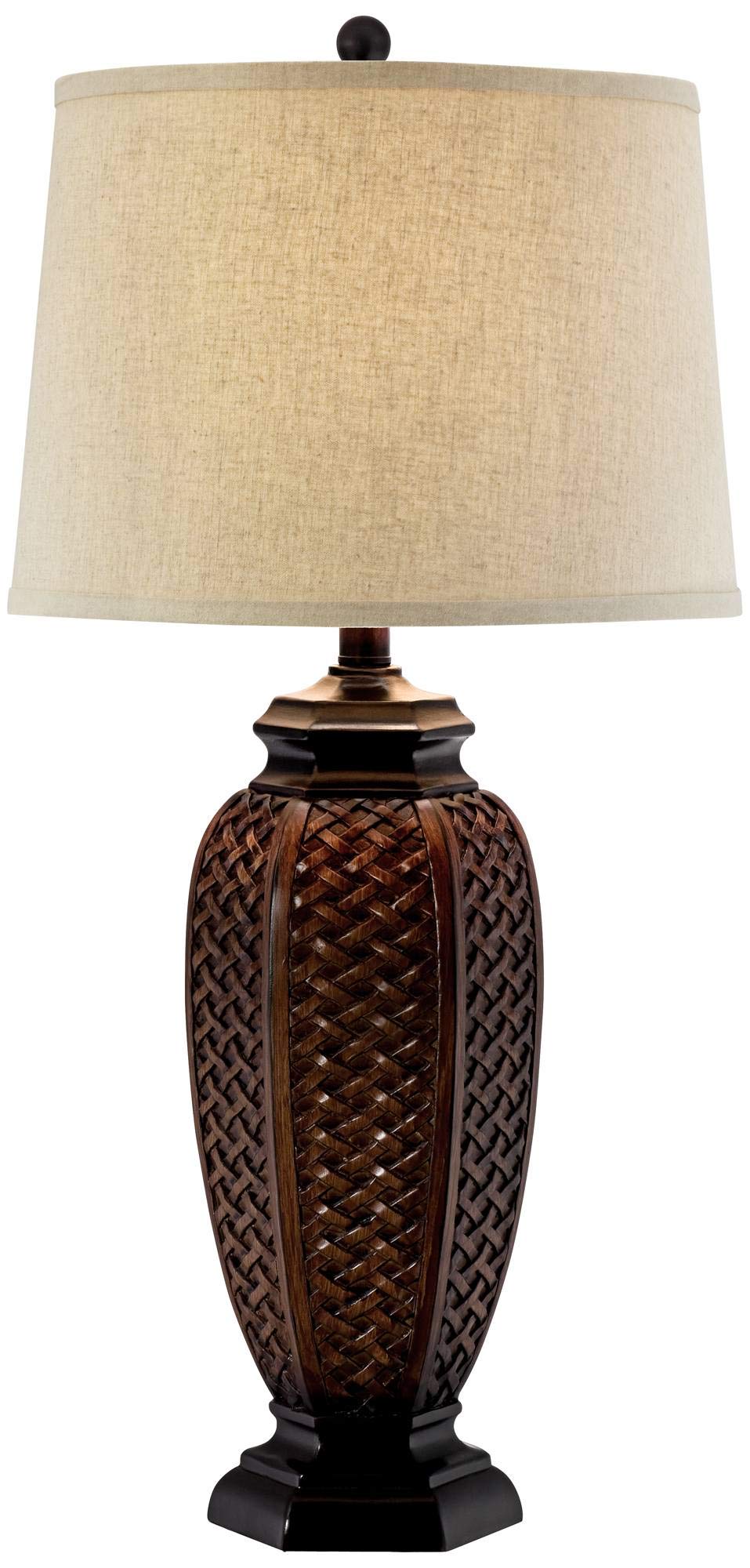 Regency Hill Country Cottage Tropical Natural Table Lamp 29'' Tall Brown Woven Wicker Pattern Beige Linen Drum Shade Decor for L