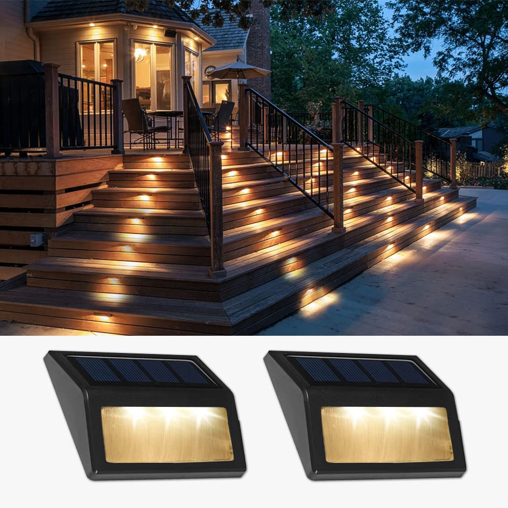 Follateas Solar Powered Deck Step Lights, Waterproof, Warm White, 2-Pack, Model 657467803271, Outdoor Pathway Wall Lighting