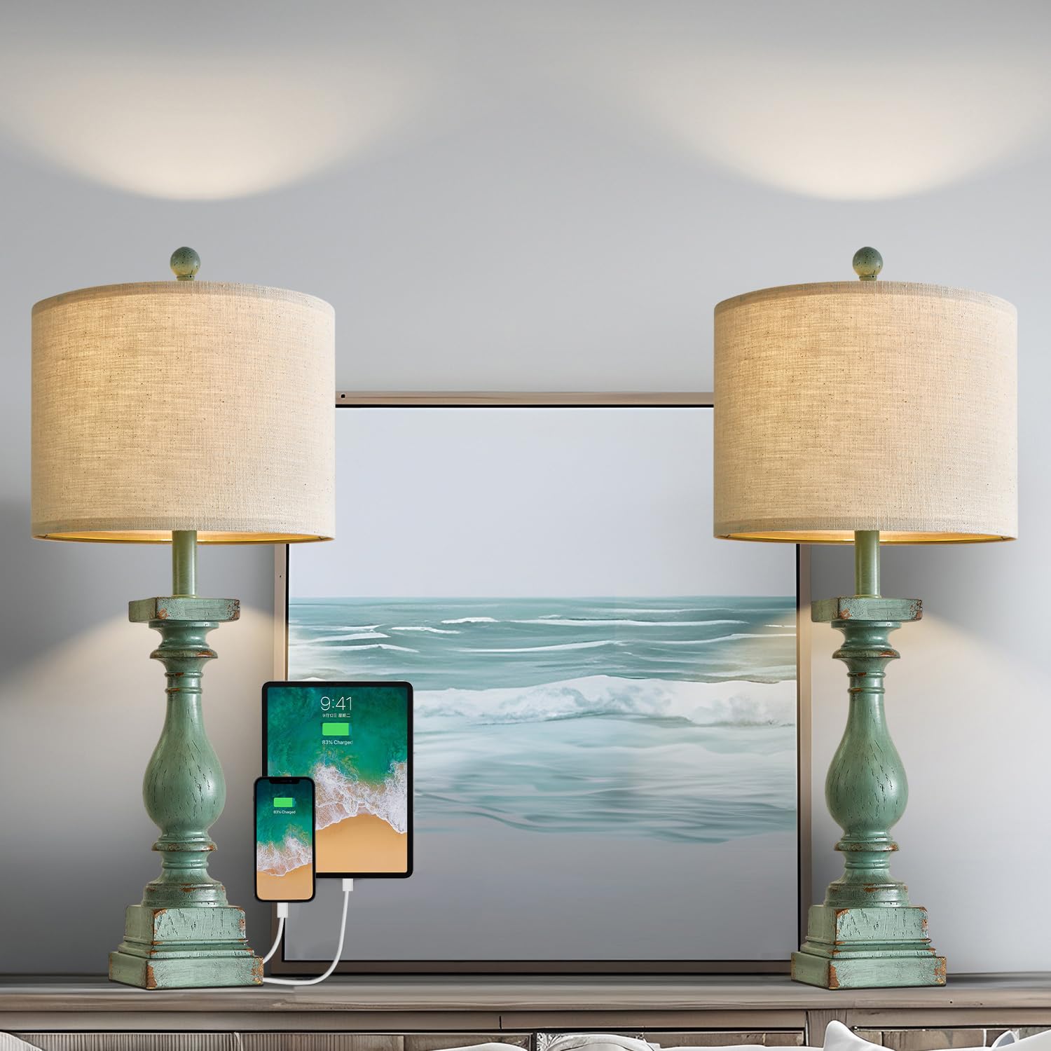 BOBOMOMO 27" Farmhouse Table Lamp Set of 2, Vintage Rustic Resin, Antique Green, USB A+C, Model AMZ-T279USB-GRN