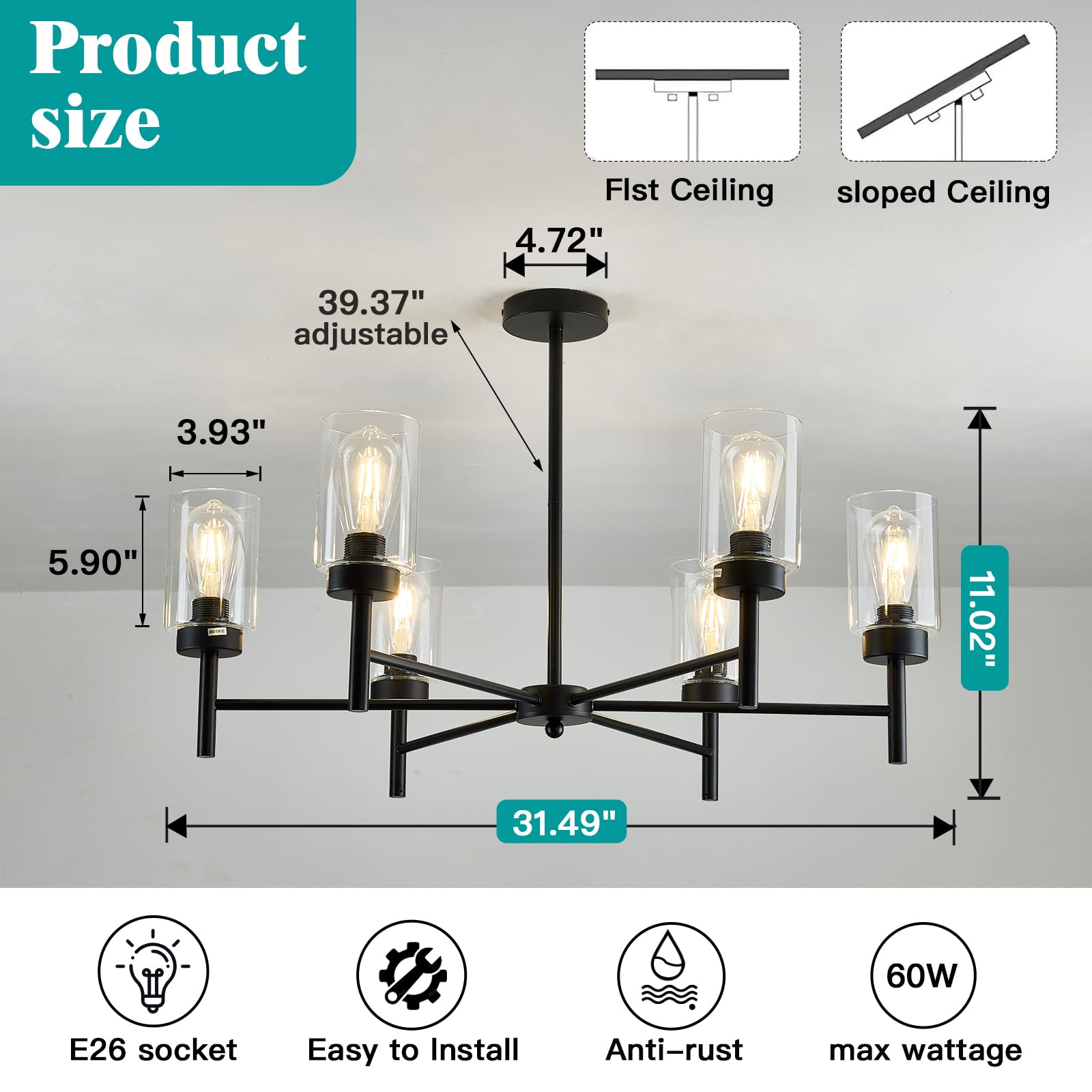Hesoge Farmhouse Black Chandelier With Glass Vintage 6 Light Hanging Pendant Light Fixture Industrial Iron Ceiling Chandelier Fo