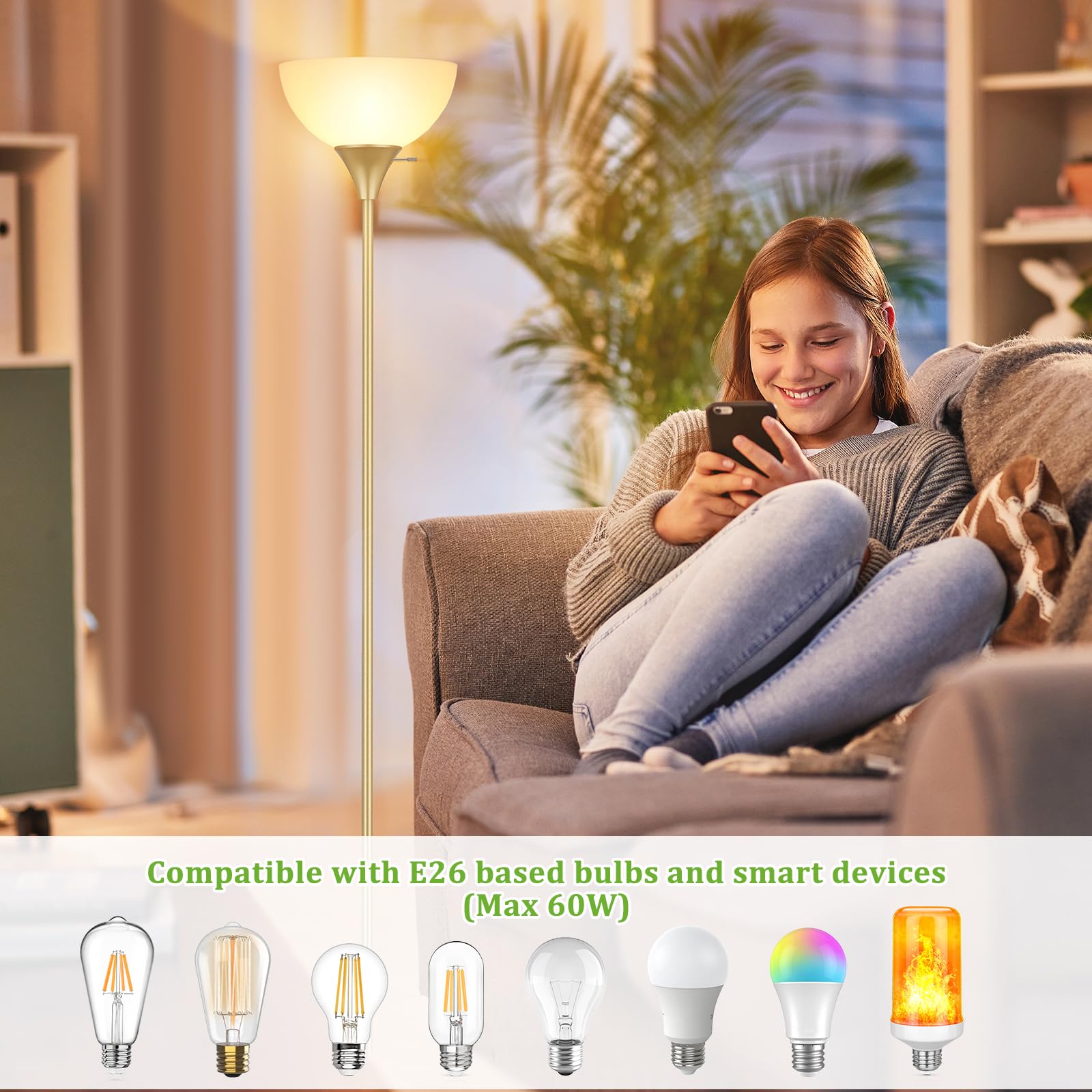 Coucrek LED Floor Lamp, Gold Metal with White Plastic Shade, Rotary Switch, Model F073