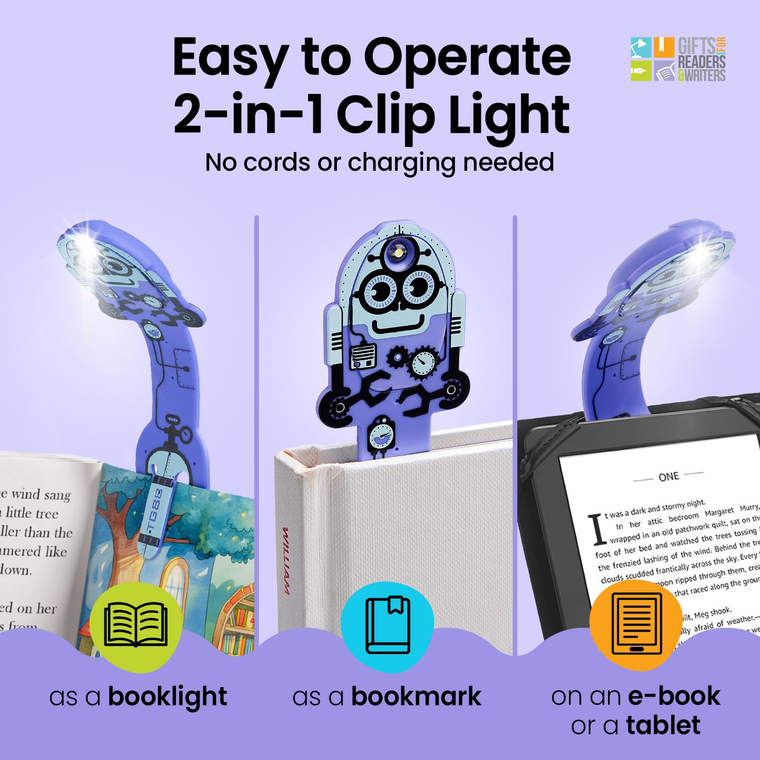 Gifts for Readers & Writers Bookmark Reading Light Robot Purple - 2in1 Clip On Bookmark Kids Book Light for Reading Night in Bed
