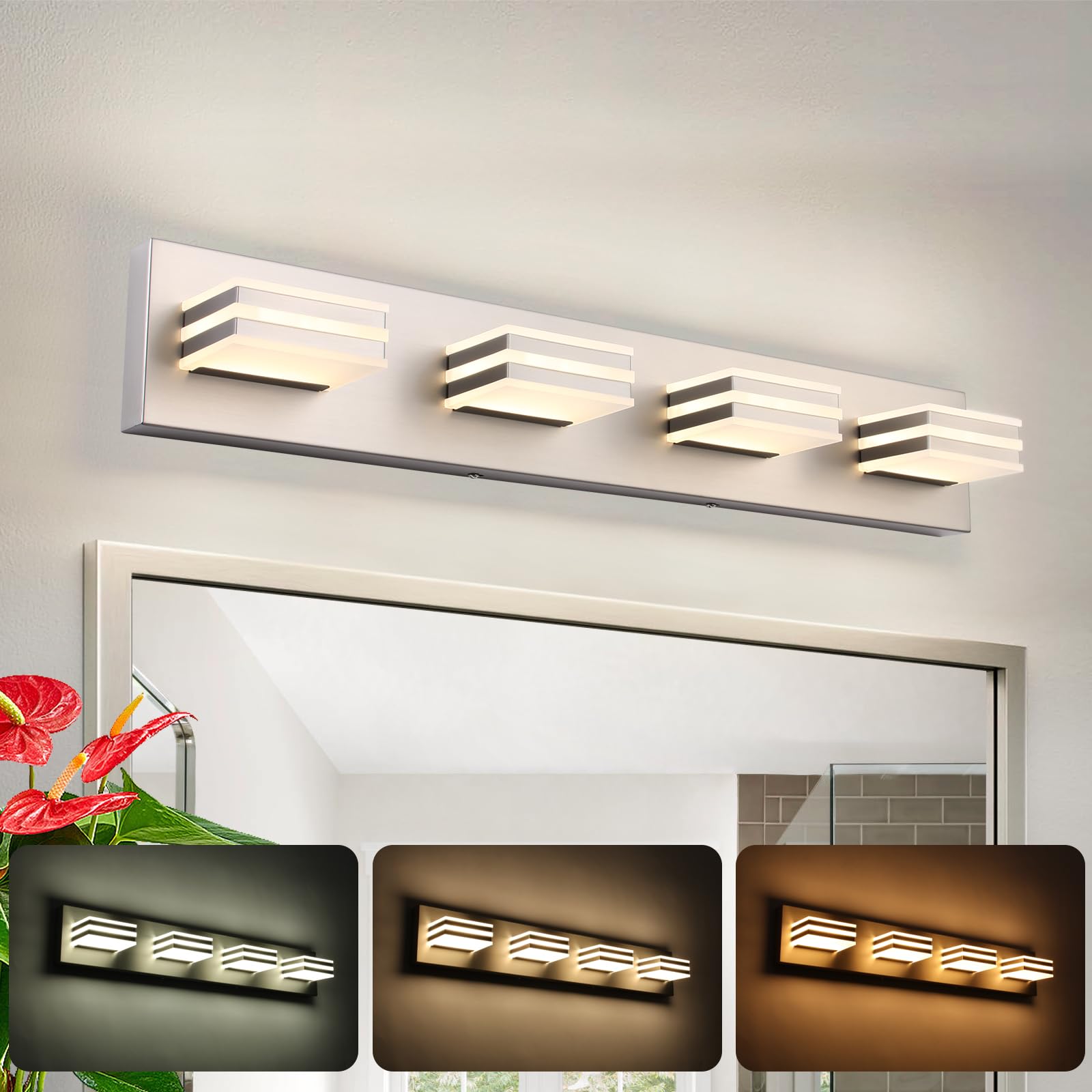 yumcrelect 4-Light LED Brushed Nickel Vanity Lights for Bathroom Light Fixtures Adjust 3 Colors Modern Bath Lighing Over Mirror LED Vanity Light 27inch