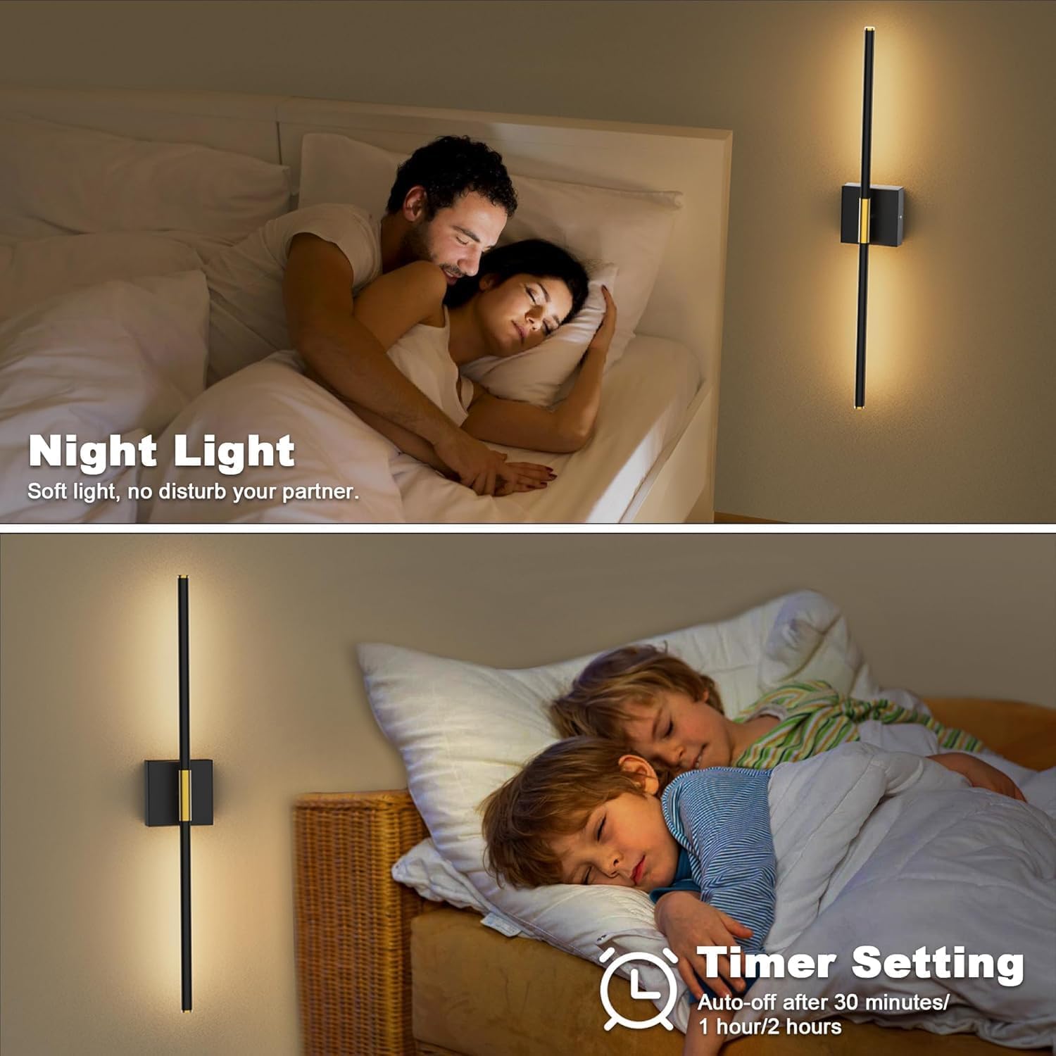 SAIMAND Wall Sconces Set of 2, Battery Operated USB Rechargeable, 8000mAh LED, 360° Rotation, 30in Black, Remote Control for Living Room