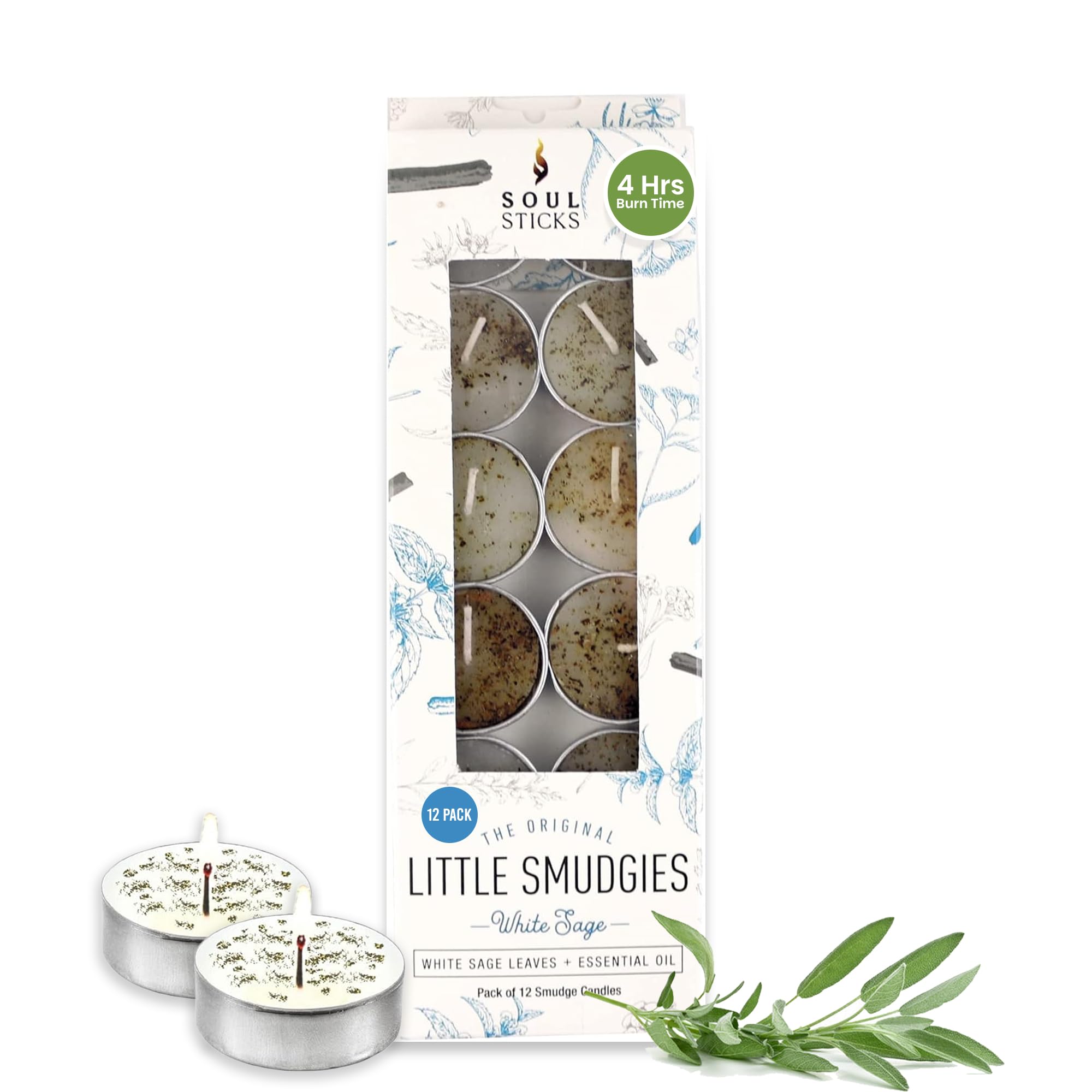 Soul Sticks Tealight Candles 12 Pack, White Sage, Soy Wax, Cleansing & Meditation, Model LM-9194, Color White
