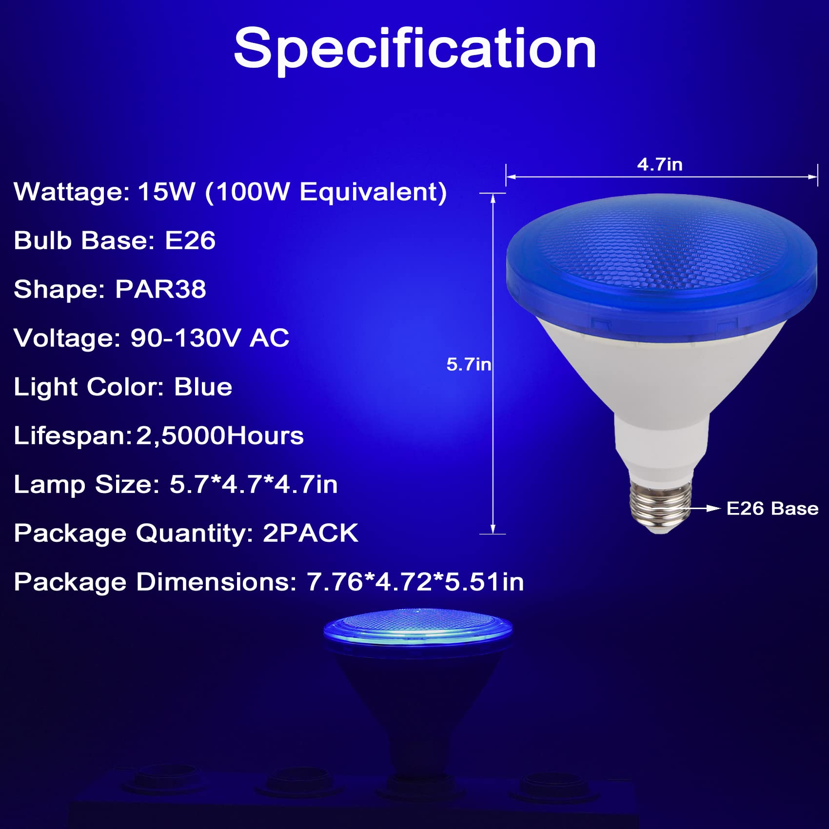 CICINY LED Par38 Light Bulb 2 Pack - 15W E26 Base, Blue, Flood Light for Home & Party Decoration