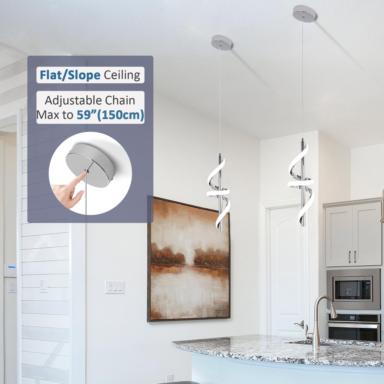 Caneoe Modern Pendant Light Kitchen Island Lighting 6000K Chrome Led Pendant Light Fixtures Over Island Adjustable Height Pendan