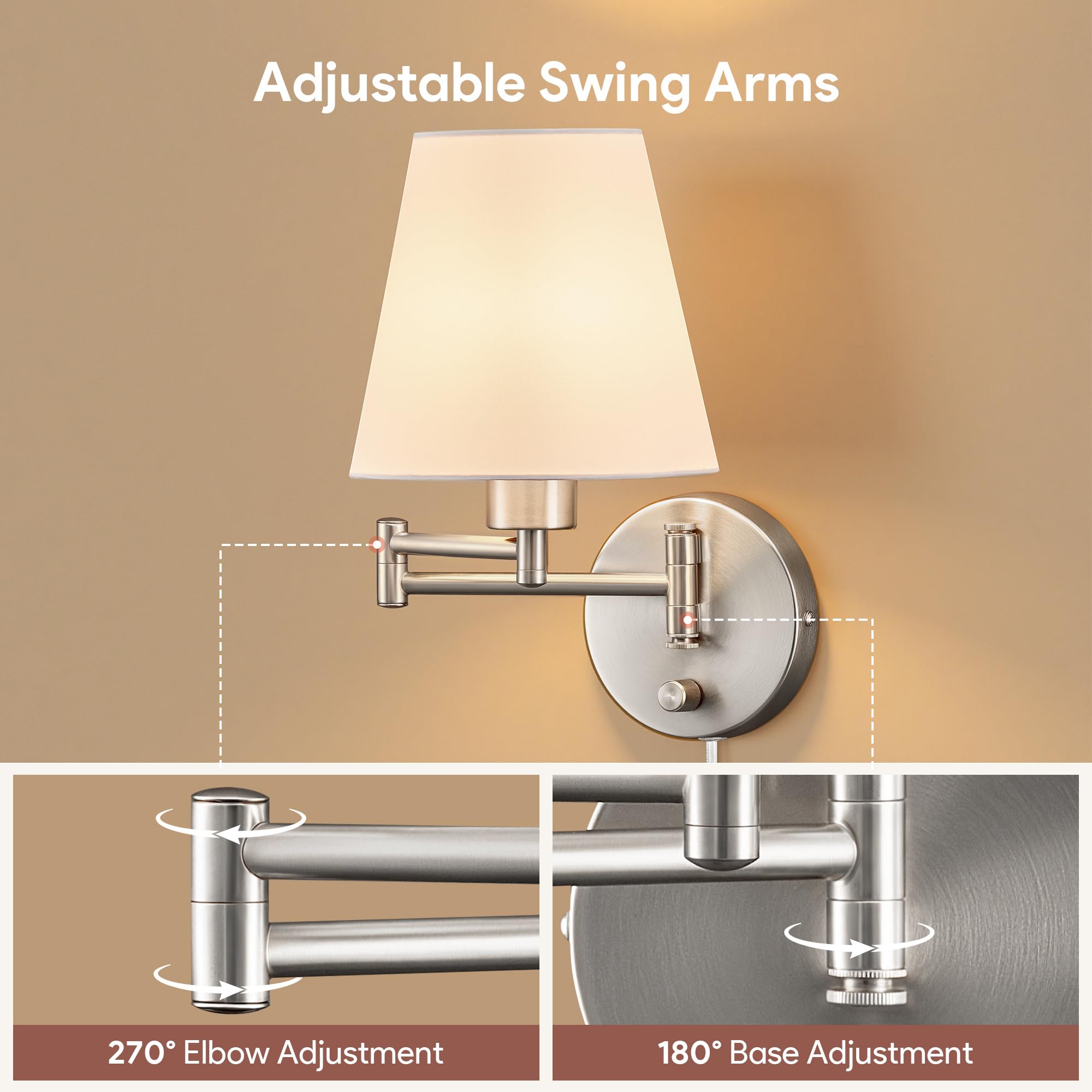 VONLUCE Wall Sconce Set of 2, Adjustable Swing Arm Lamps, Nickel Base, White Fabric Shade, Hardwired/Plug-in, Modern Design