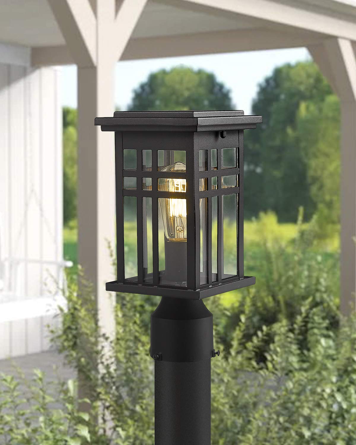 zeyu Outdoor Pole Lantern Light Fixture, Clear Glass Shade, Black Finish, Model 20068-P BK, Medium Size