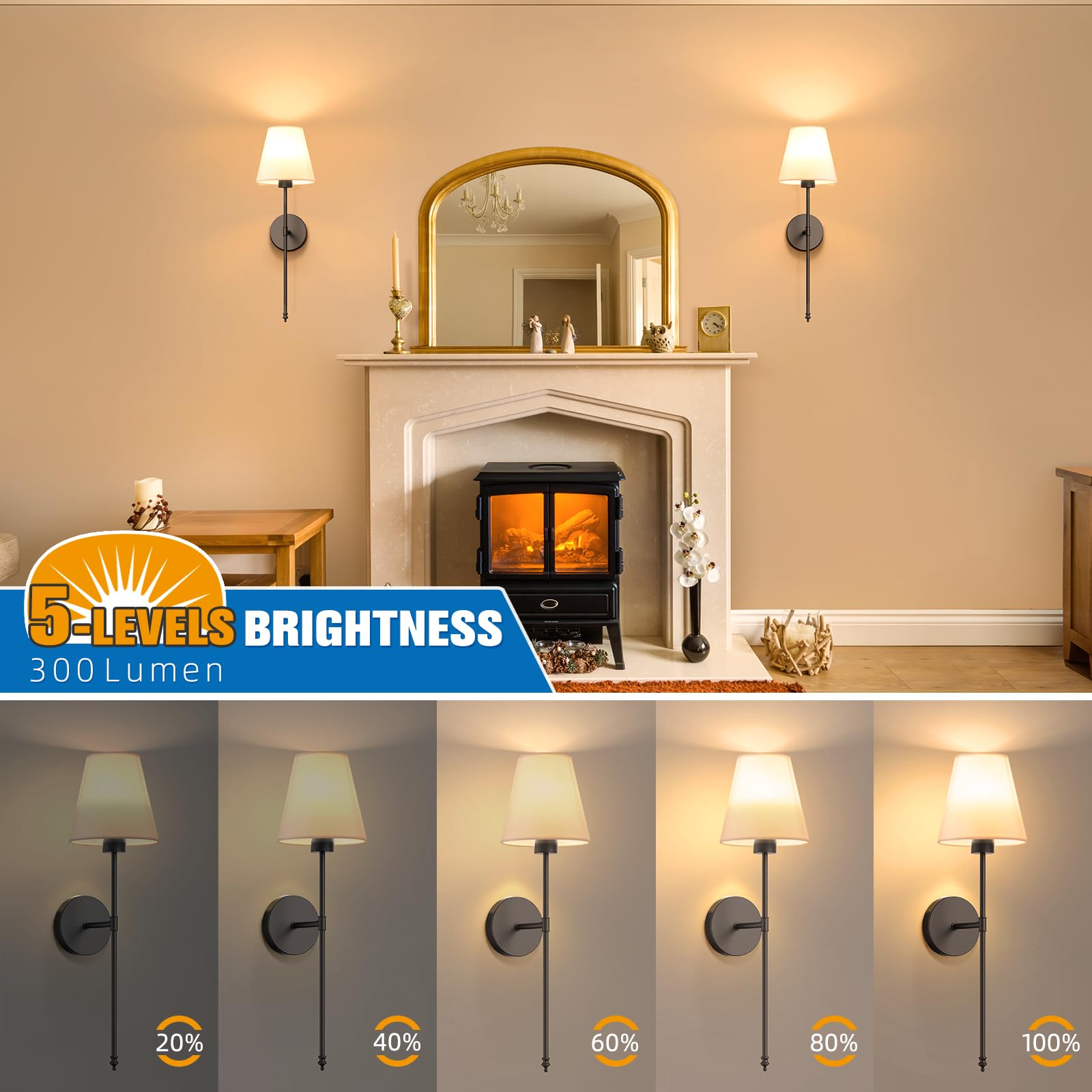 NIORSUN Wall Sconce Set of 2, Black Rechargeable Lights with 5200mAh Bulbs, Dimmable, Remote, 24 inch, Model SW013