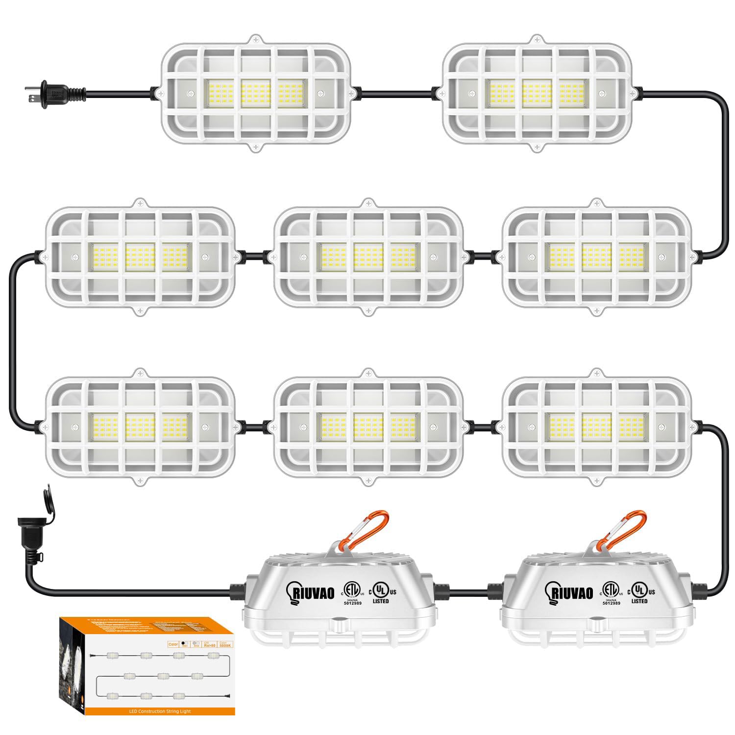 RIUVAO 100ft LED Construction String Lights,Super Bright 300W 30000LM Waterproof IP67 Led String Work Lights, Construction Tempo