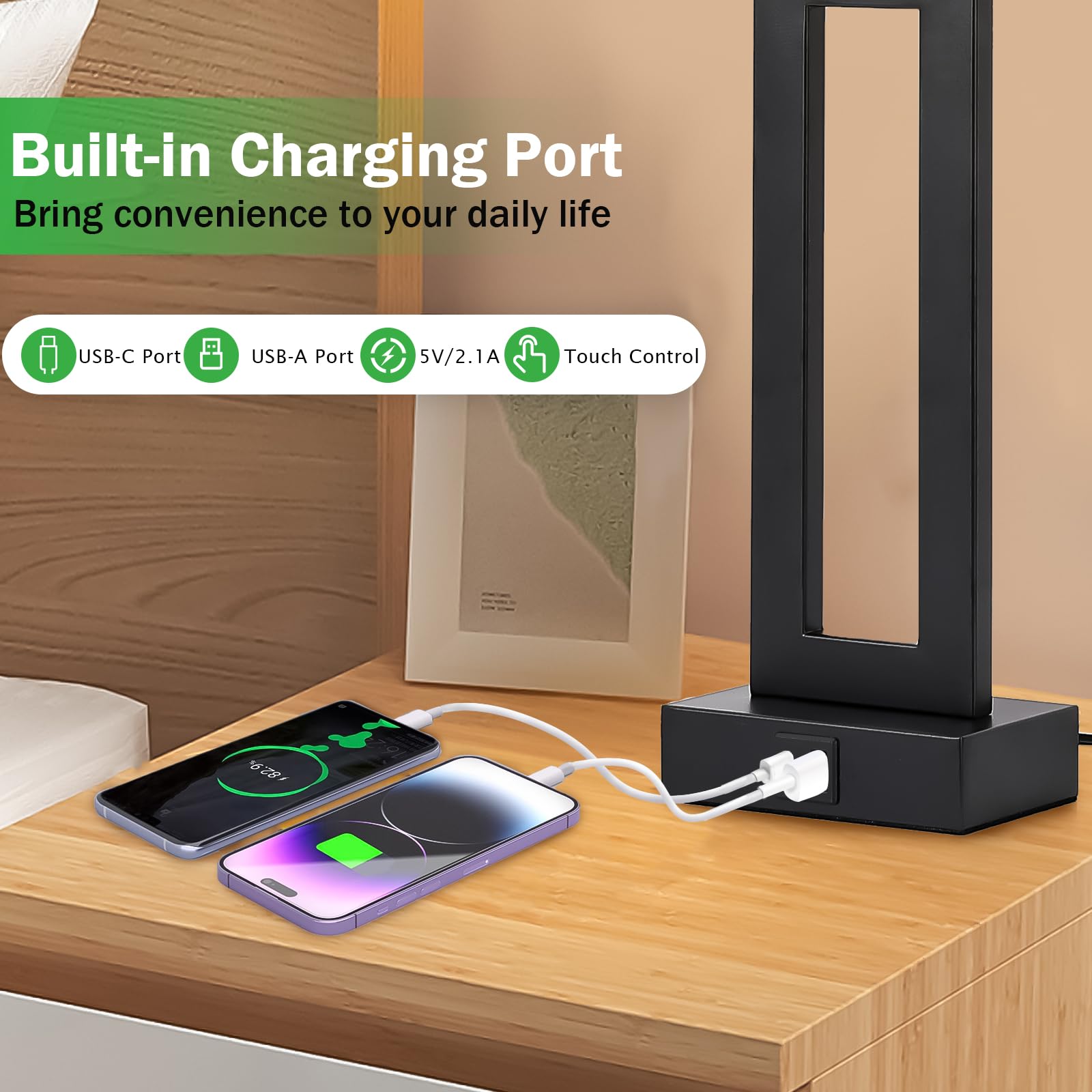 MoMyofdy Set of 2 Modern Table Lamps - Touch Control, 3 Way Dimmable, USB Charging, 20IN, White & Black, Model QL5166W-M