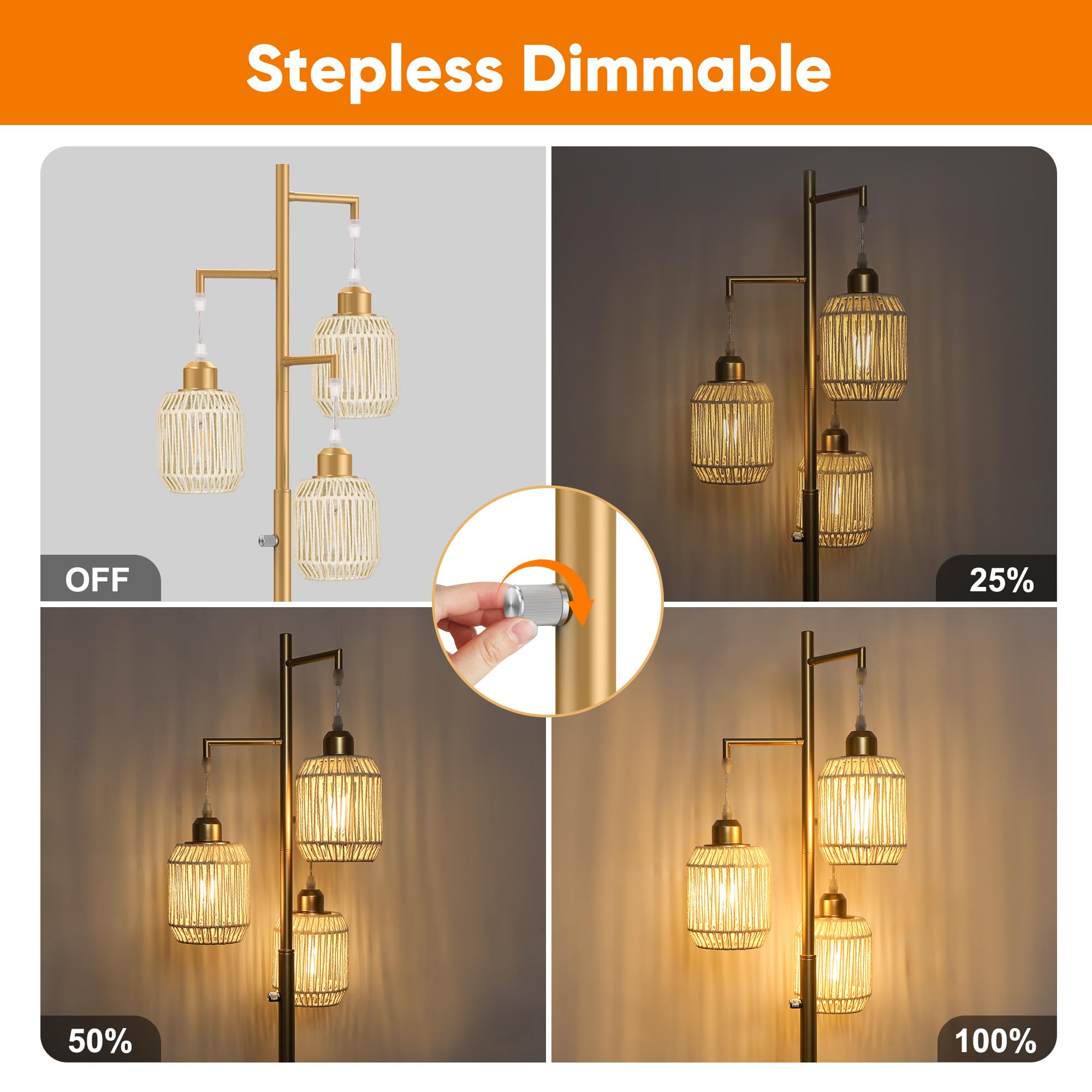 ROTTOGOON Dimmable Floor Lamp - 3-Light Rattan Design, 68in, Gold & White, Model ROFP125BZ1, Rustic Industrial Style for Living Room & Bedroom