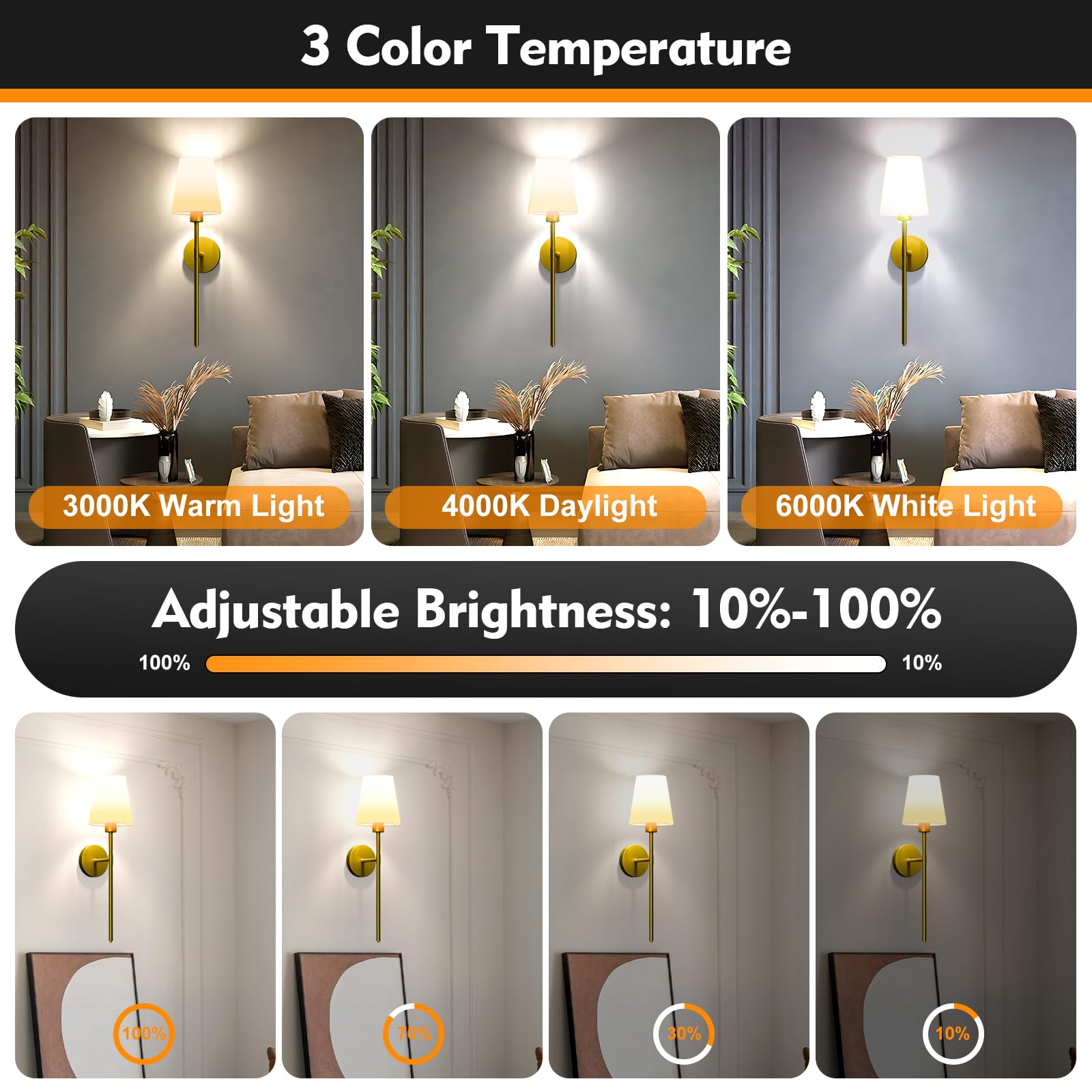 Lightania Battery Operated Wall Sconce Set Of 2, Gold Rechargeable Wall Lights With 5200Mah Dimmable Bulbs And Remote, 12 Color