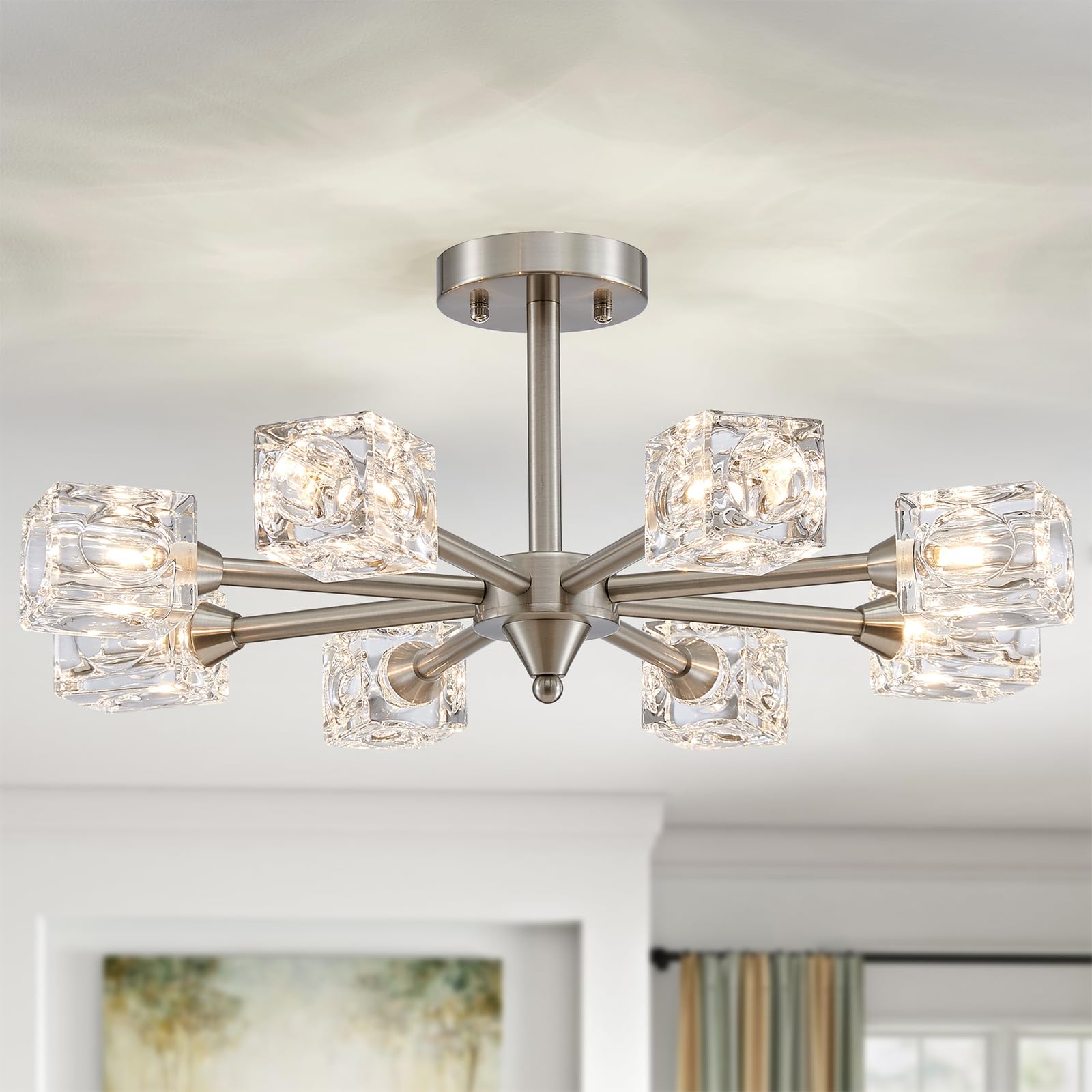 XINGQI 8-Light Semi Flush Mount Ceiling Light Fixture Modern Brushed Nickel Sputnik Chandeliers for Dining Room Living Room Kitc