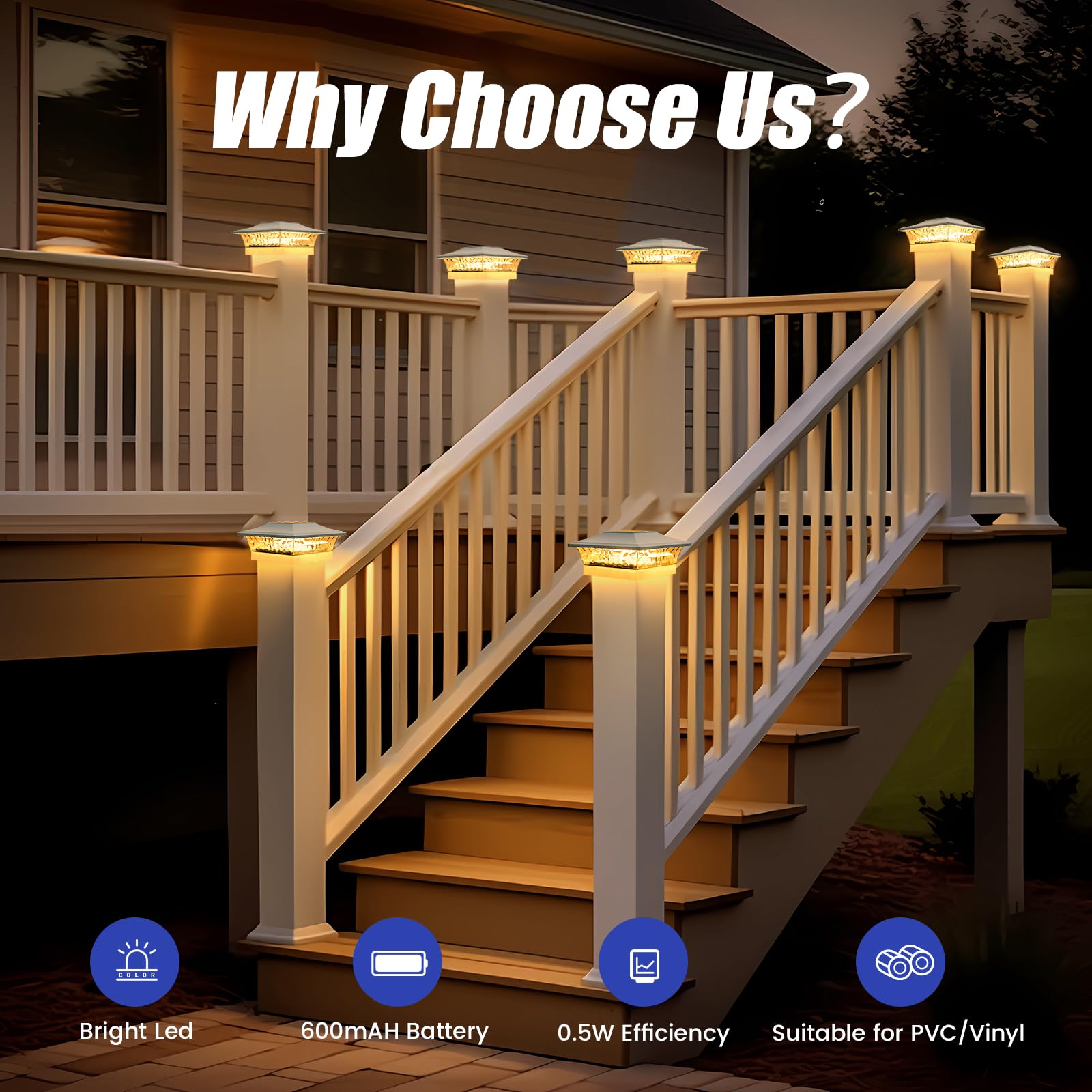 Aponuo Vinyl Fence Post Solar Lights,5X5 Vinyl Fence Post Caps Solar Lights 2 Color Mode Outdoor Waterproof For Fence Post Caps