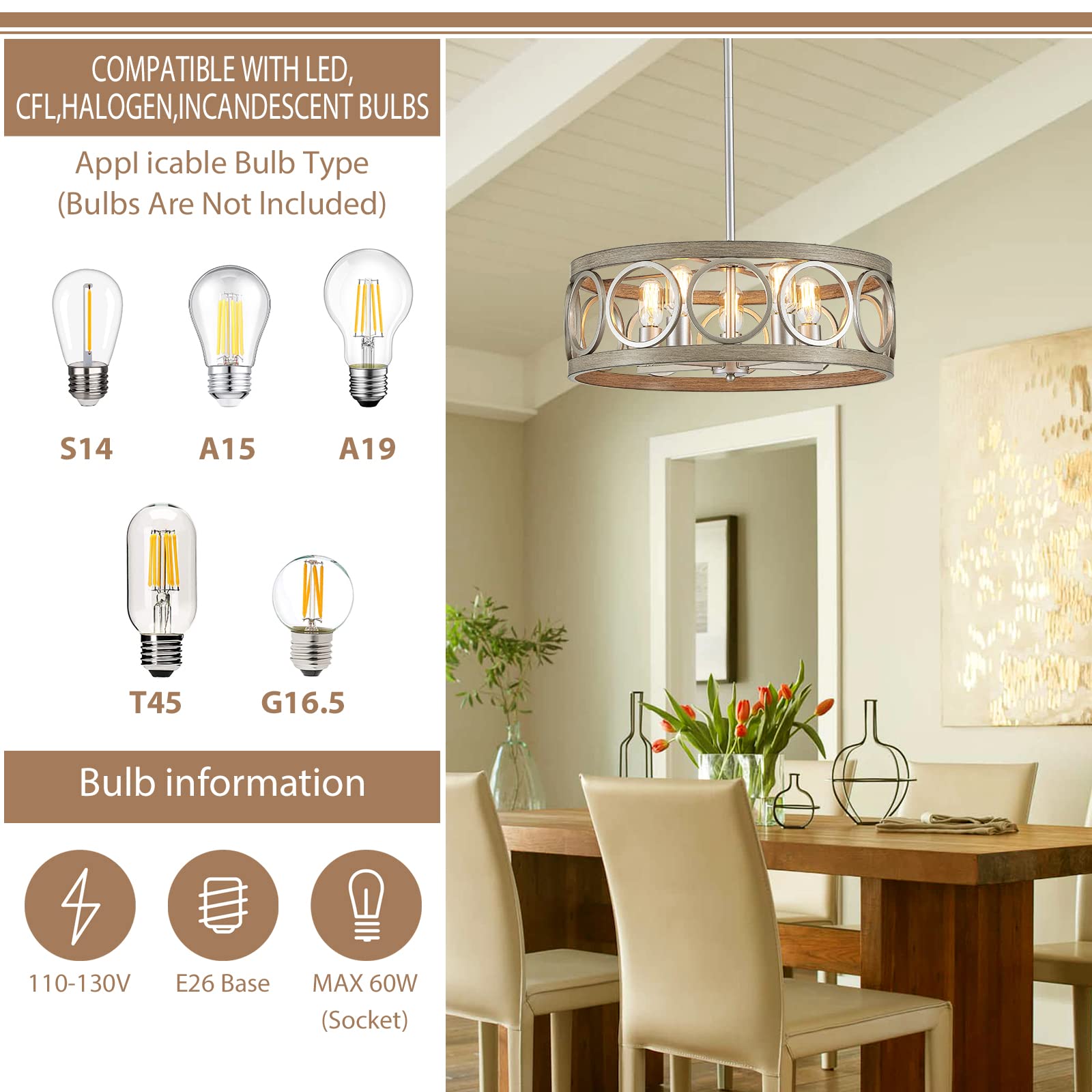 peskoe Modern Farmhouse 22'' Drum Chandelier - Nickel Metal & Wood Grain Pendant Light for Dining Room, Living Room, Kitchen, Bedroom