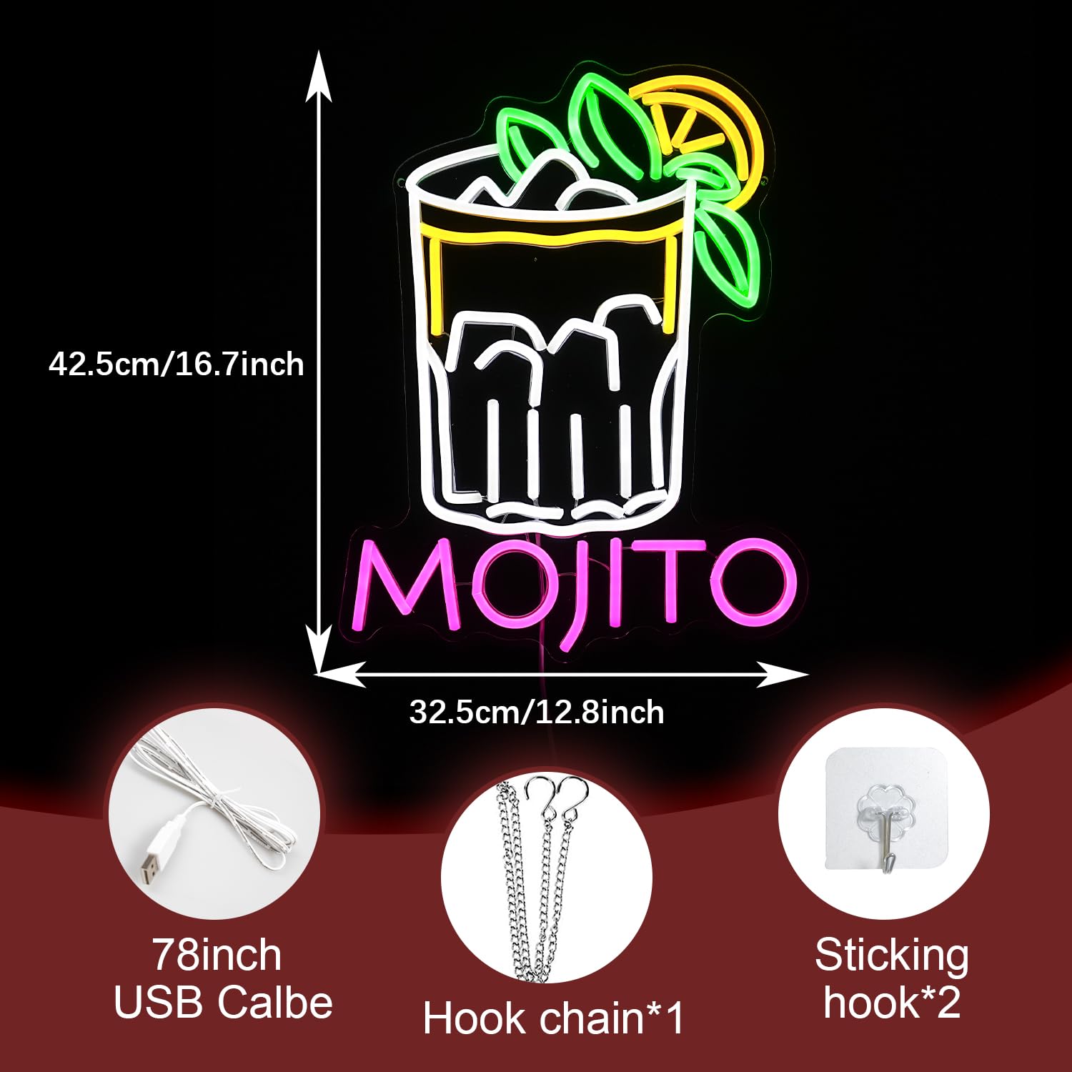 LIUOZHTEA Neon Sign - Mojito Cocktail LED Light for Wall Decor, Dimmable, USB Powered, 16.7 x 12.8 inches, Pink White Yellow Green