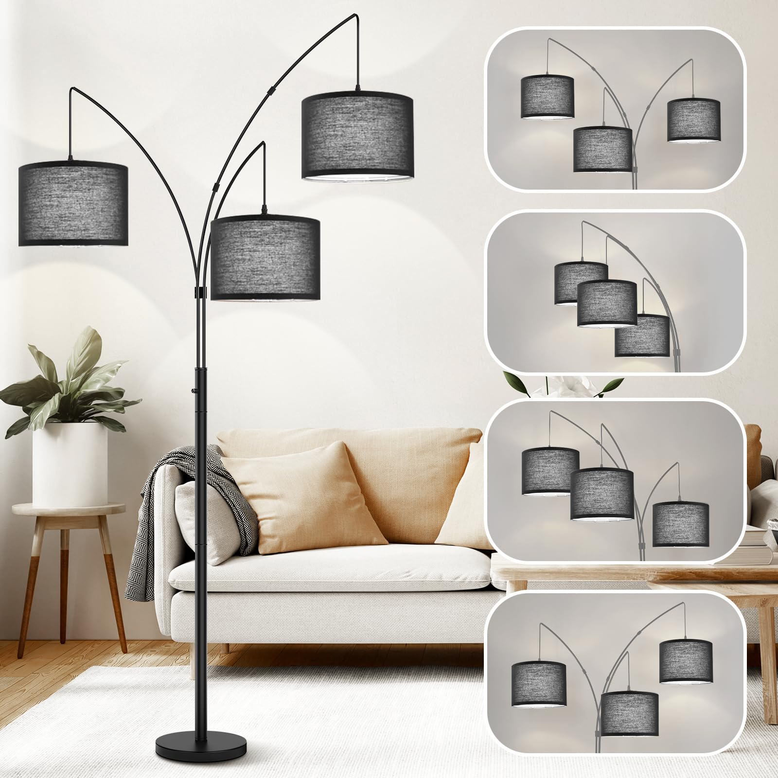 3 Lights Arc Floor Lamps For Living Room,Modern Tall Standing Lamp Hanging Over The Couch With Shades & Heavy Base,Mid Century B