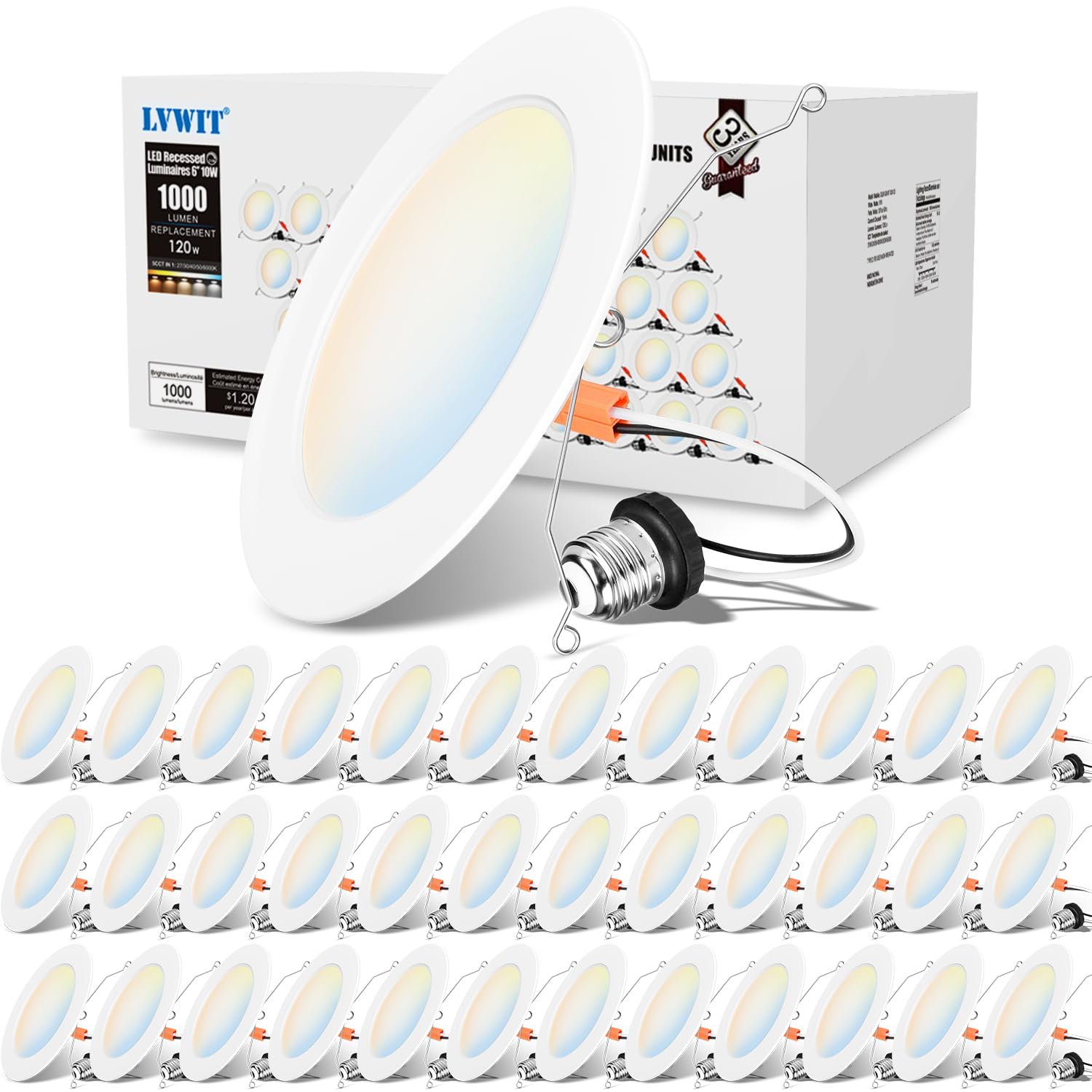 LVWIT 6 inch LED Recessed Lighting, Slim Can Lights with White Cover, 5CCT Color Selectable, Dimmable Downlight with E26 Convers