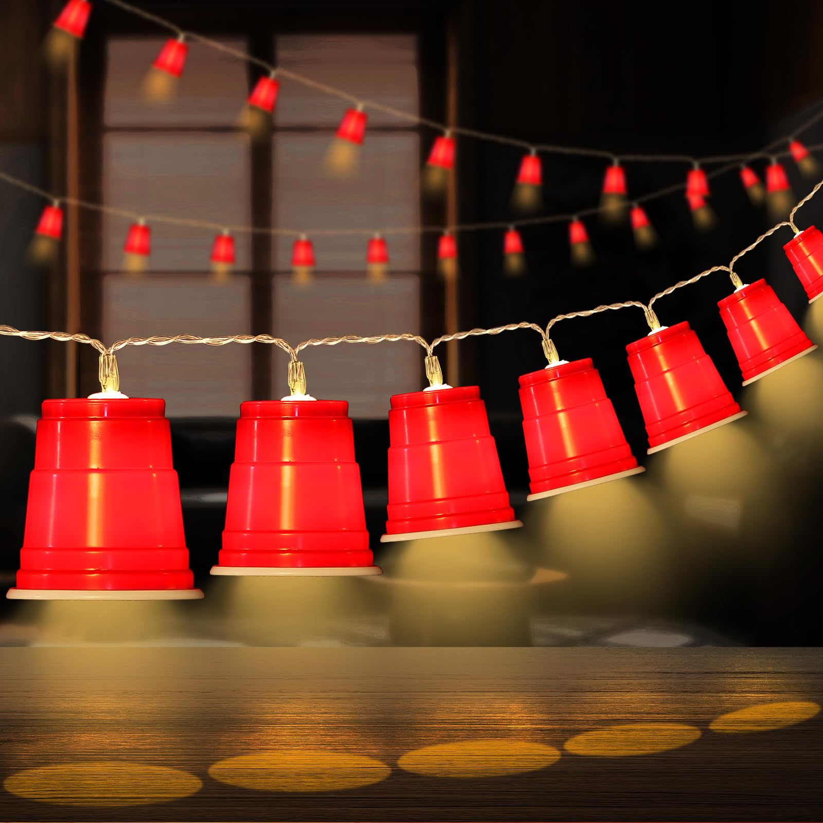 Hiboom 2 Pack 13 FT 20 LED Cups String Lights, Mini Shot Cups Fairy Light Decoration, Battery Operated White Trash Party LED Novelty Flip Cup Decor for College Graduation Party Supplies Home (Red)