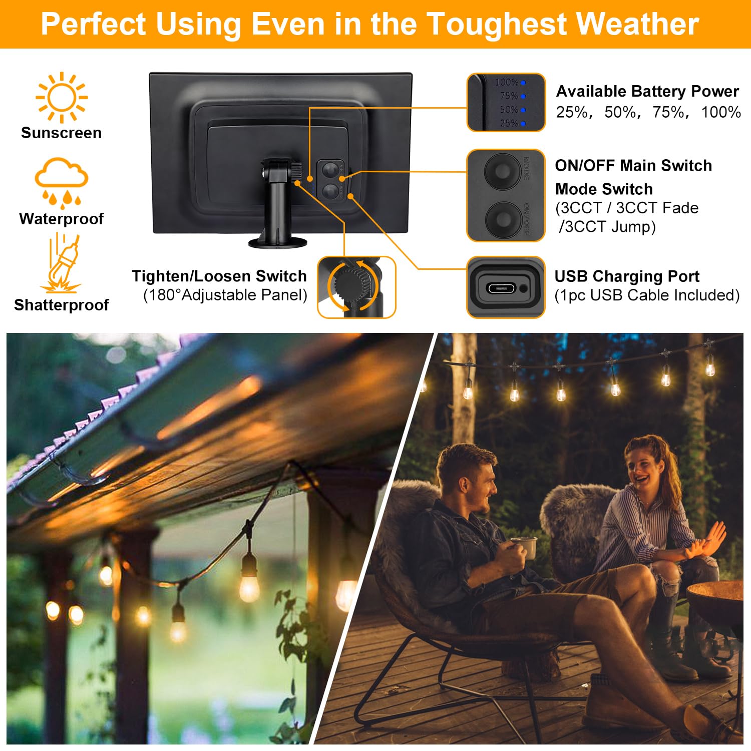 Mlambert Dimmable Solar String Lights, 48FT, 15 Sockets, Waterproof, Black, Model YGM-S14-15S