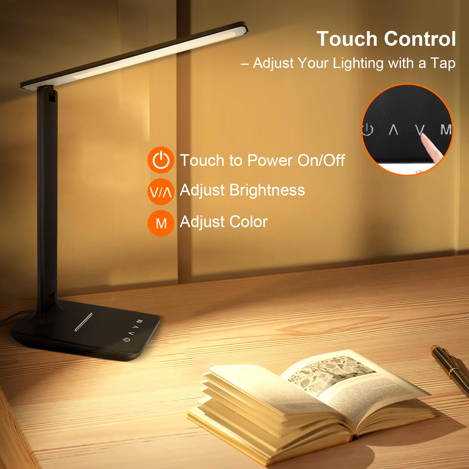 shinelife LED Desk Lamp, Touch Control, 5 Modes & Brightness, USB Charging, Adjustable, Black, Model T26A