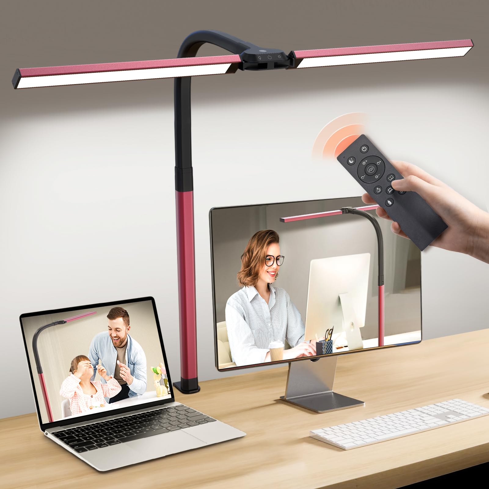Paklighting LED Desk Lamp - 24W Double Head Architect Task Lamp, Eye-Caring, Stepless Dimming, Flexible Gooseneck, Red