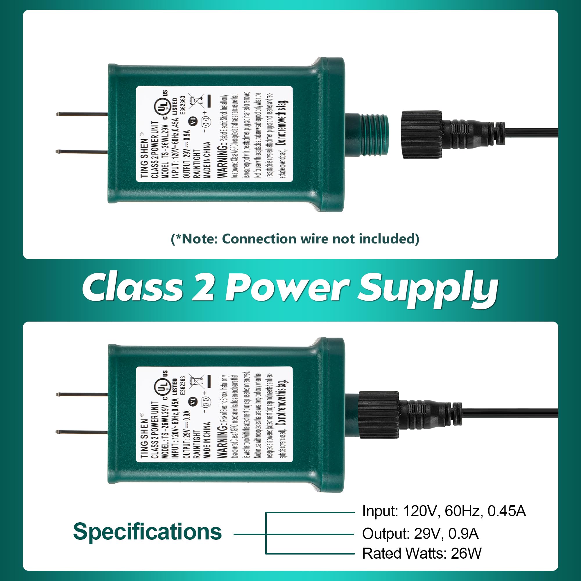 Enhon 29V LED Power Supply, UL Certified Plastic Transformer Adapter, Green, Model TS-26WL29V for Christmas Tree Lights