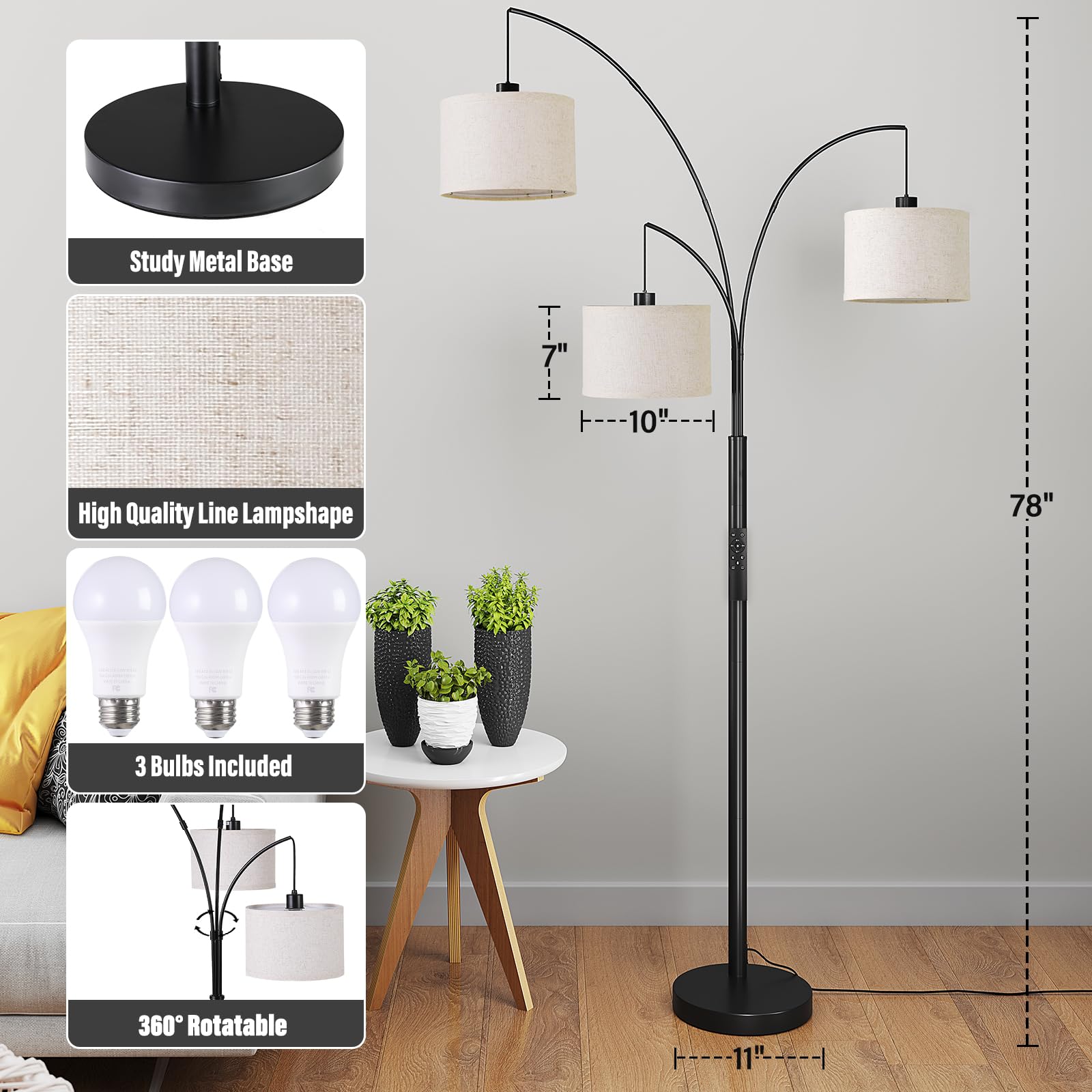 Sunmory 3 Lights Floor Lamp With Remote Control And 3 Stepless Dimmable Bulbs, 78'' Tall Standing Lamp With Hanging Drum Shade &