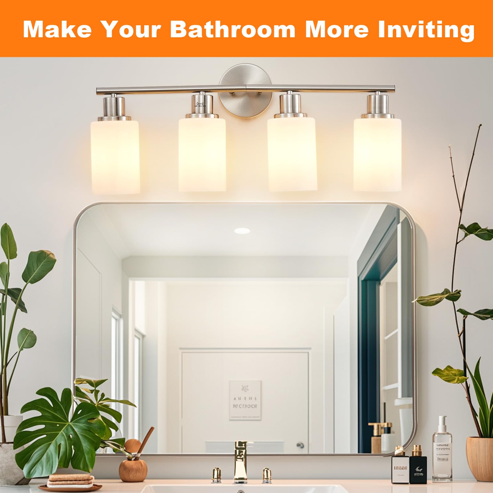 DINGLILIGHTING 4-Light Bathroom Vanity Light Fixtures, Milky White Glass Shade, Brushed Nickel, Metal, Modern Design