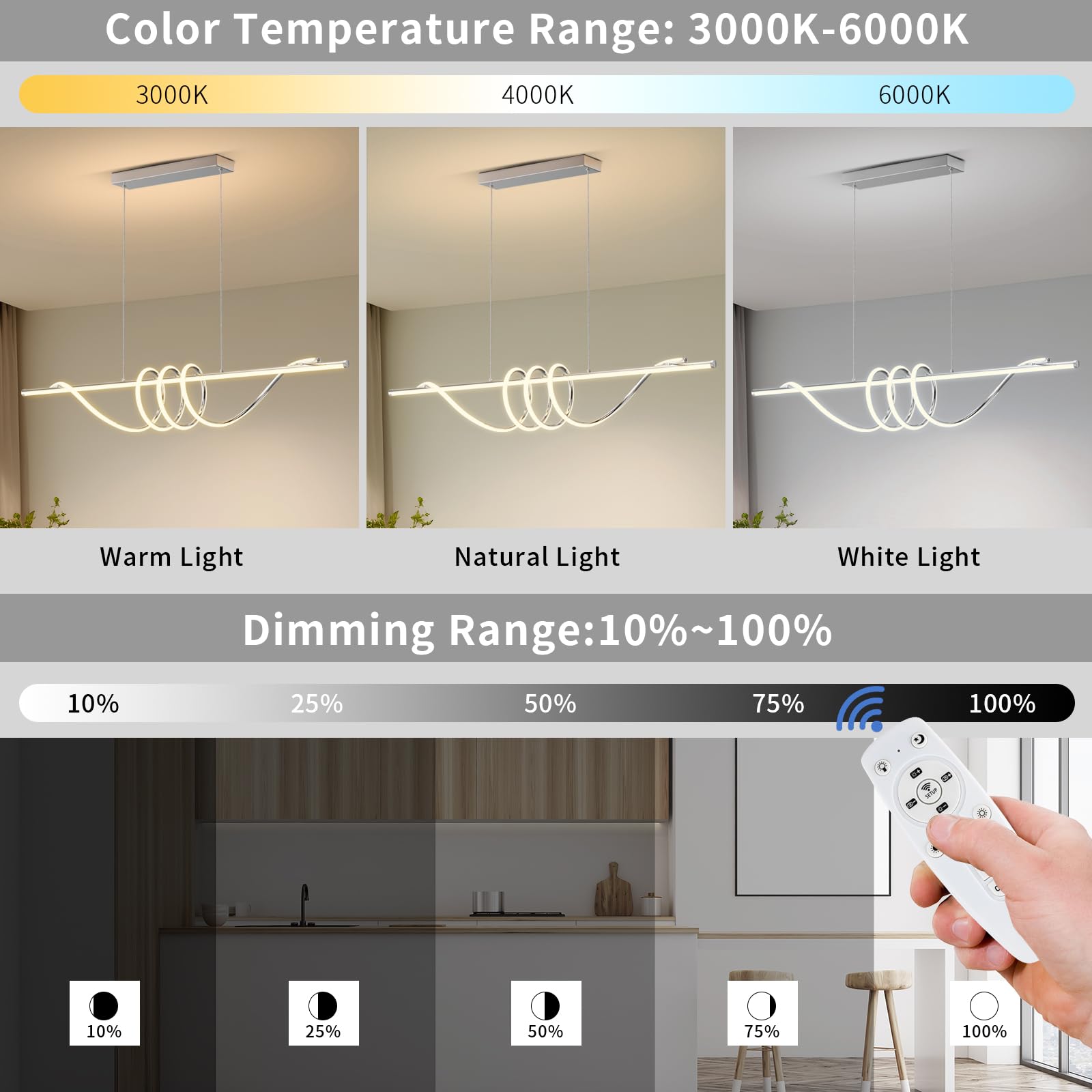 Zihoi Modern LED Pendant Light Fixture, Dimmable with Remote, 57in, Aluminum, Chrome Silver, Adjustable Color for Kitchen, Dining, Living