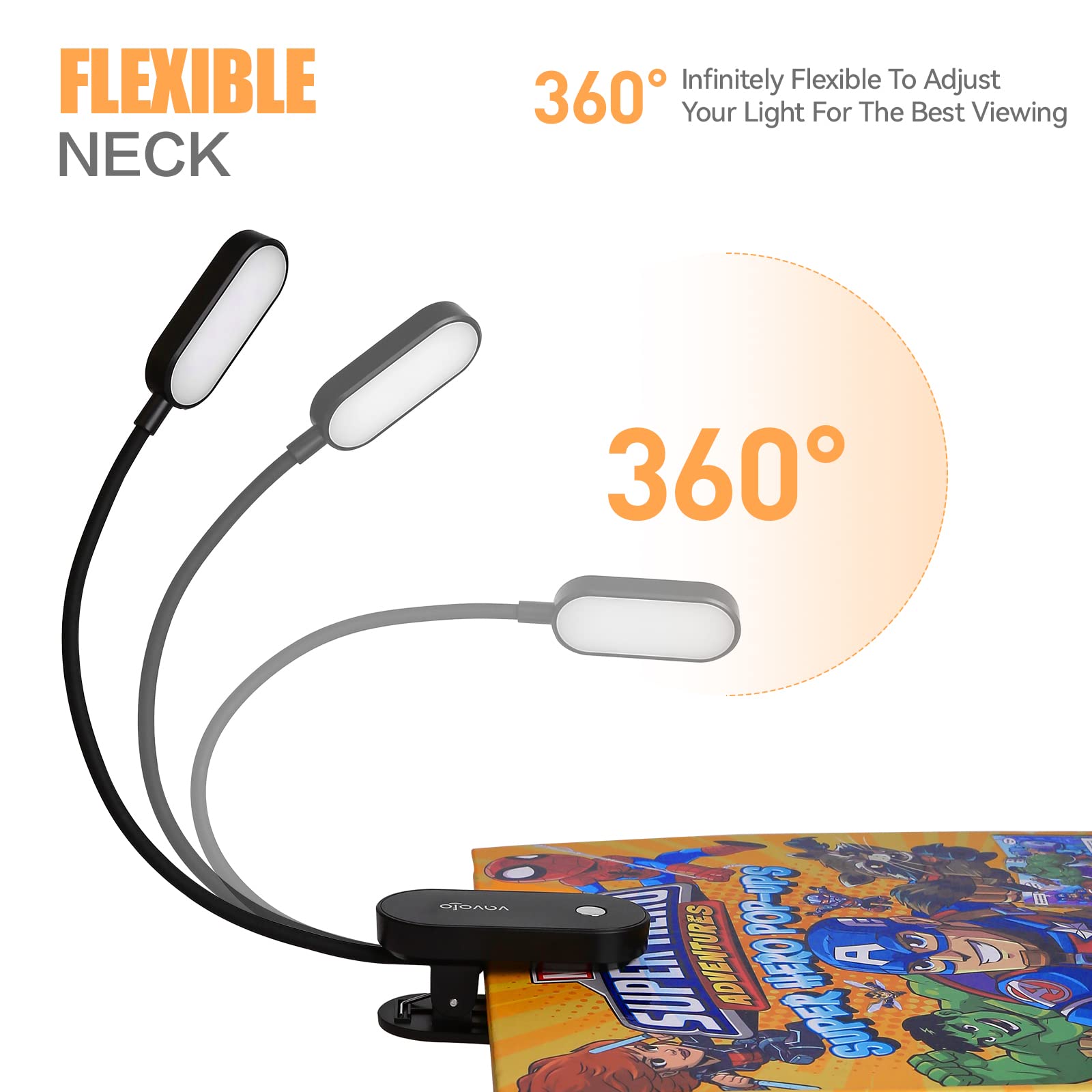 VAVOFO Rechargeable Book Light, 14 LEDs, Amber Color, 9 Brightness Levels, Clip-On Design, Model KM-6775, Black