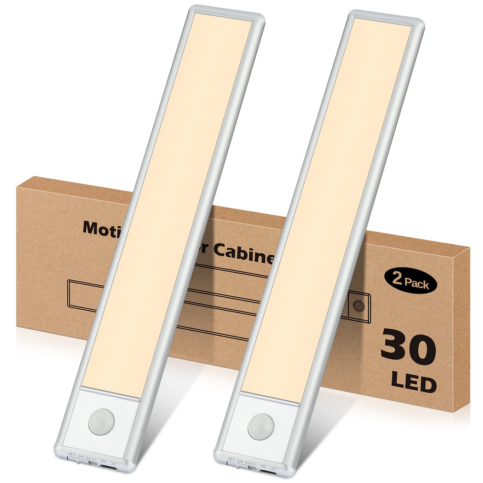 YLXS 30-LED Motion Sensor Under Cabinet Lights, Magnetic Rechargeable Under Counter Closet Lighting, Wireless Light Bar Stick-On