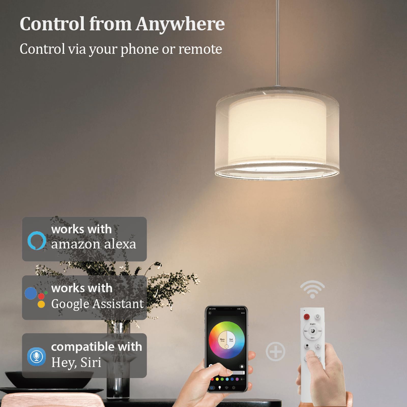 Emorlo Hanging Lamp Plug In Pendant Light 2 Pack With Remote Control, 15Ft Hanging Lights With Plug In Cord White Double Shade C